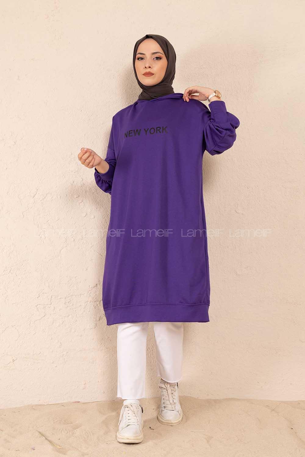 Modalamelif New York Baskılı Uzun Sweatshirt Mor