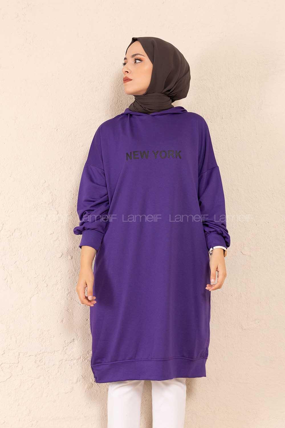 Modalamelif New York Baskılı Uzun Sweatshirt Mor