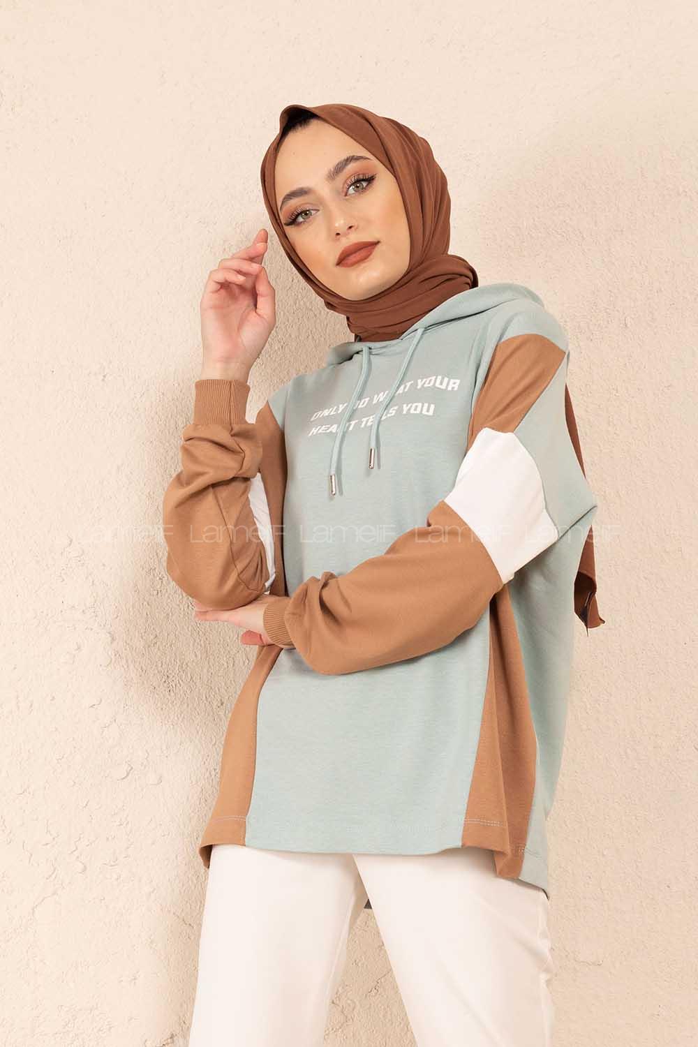 Modalamelif Önü Baskılı Parça Garnili Sweatshirt Çağla Yeşili