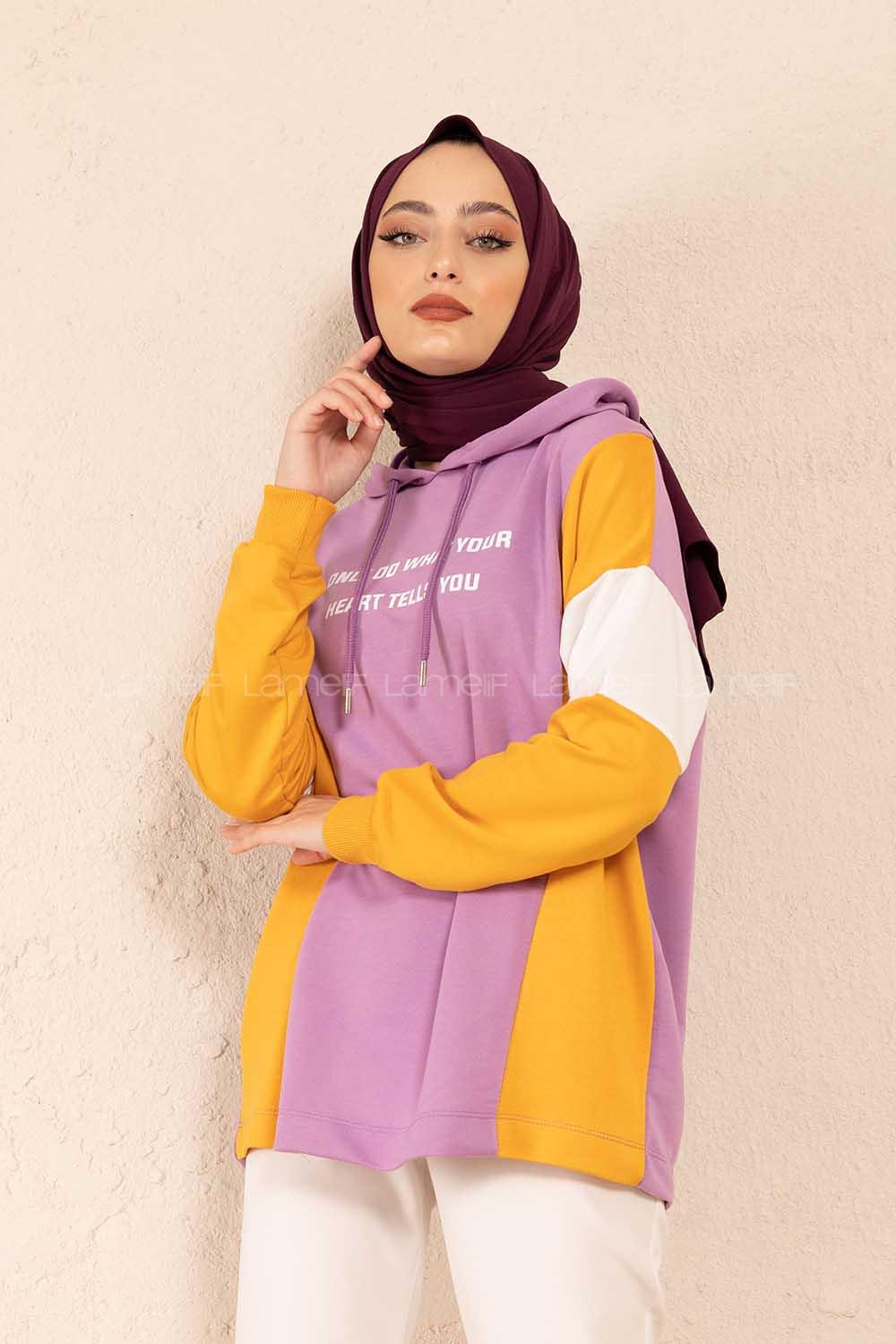 Modalamelif Önü Baskılı Parça Garnili Sweatshirt Lila