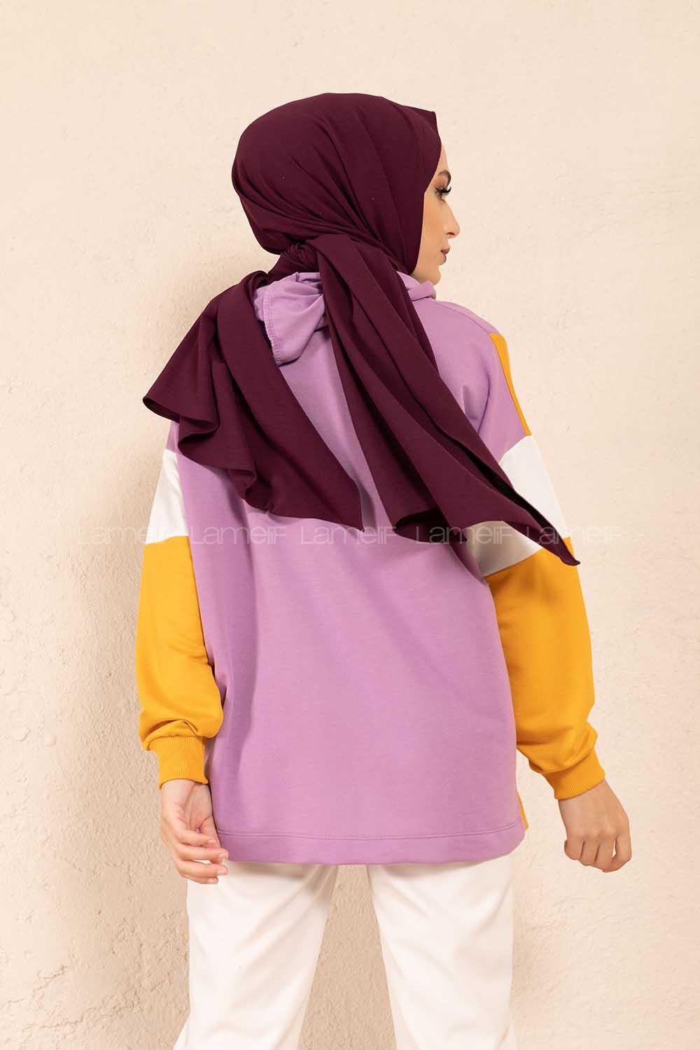 Modalamelif Önü Baskılı Parça Garnili Sweatshirt Lila