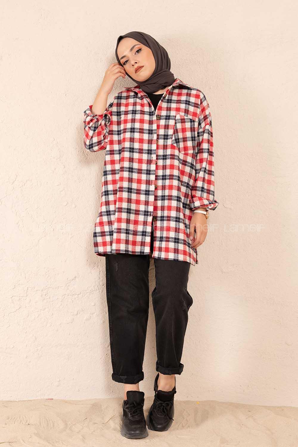 Modalamelif Tek Cepli Ekose Gömlek Ekru-Kırmızı