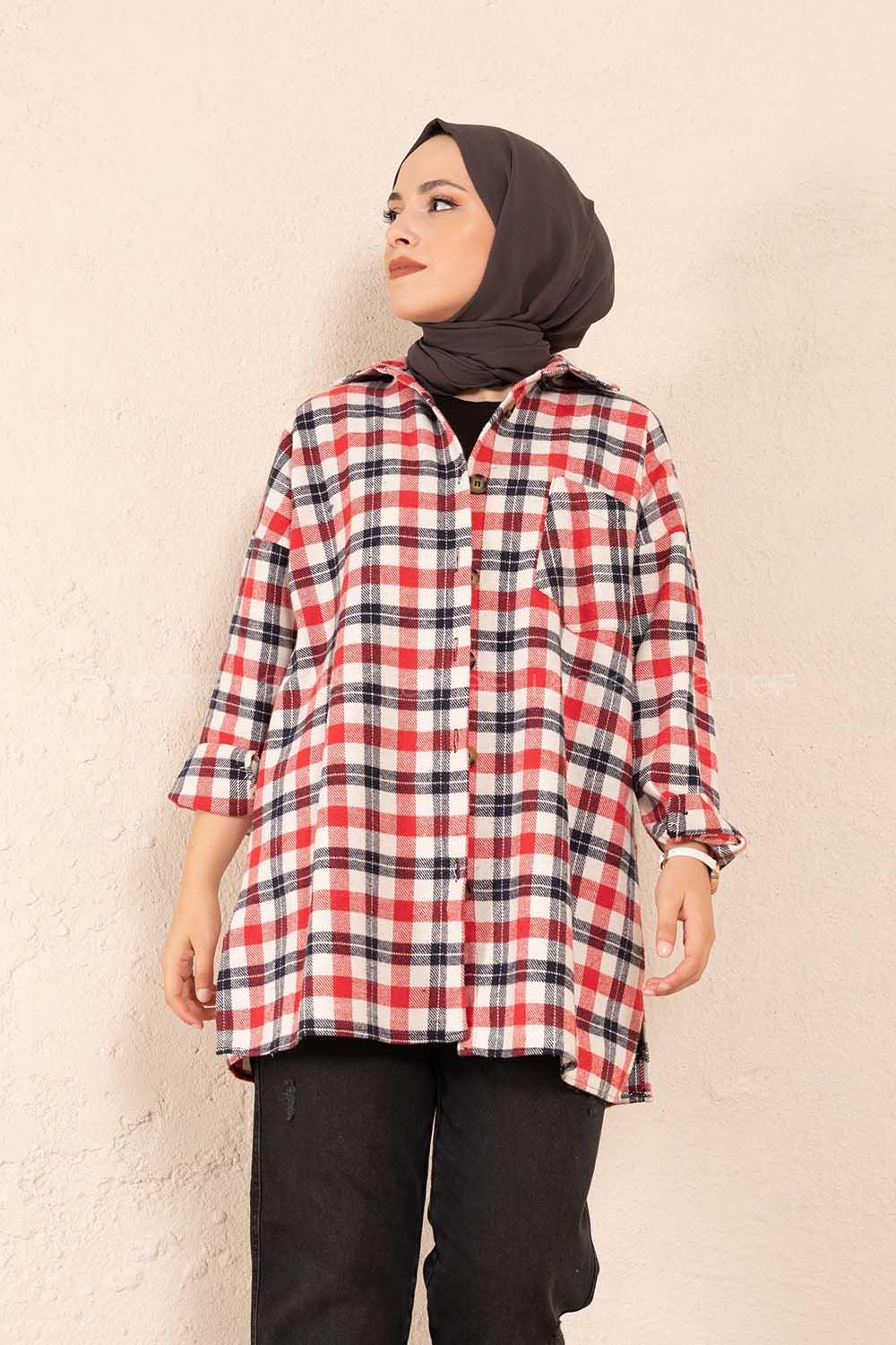 Modalamelif Tek Cepli Ekose Gömlek Ekru-Kırmızı