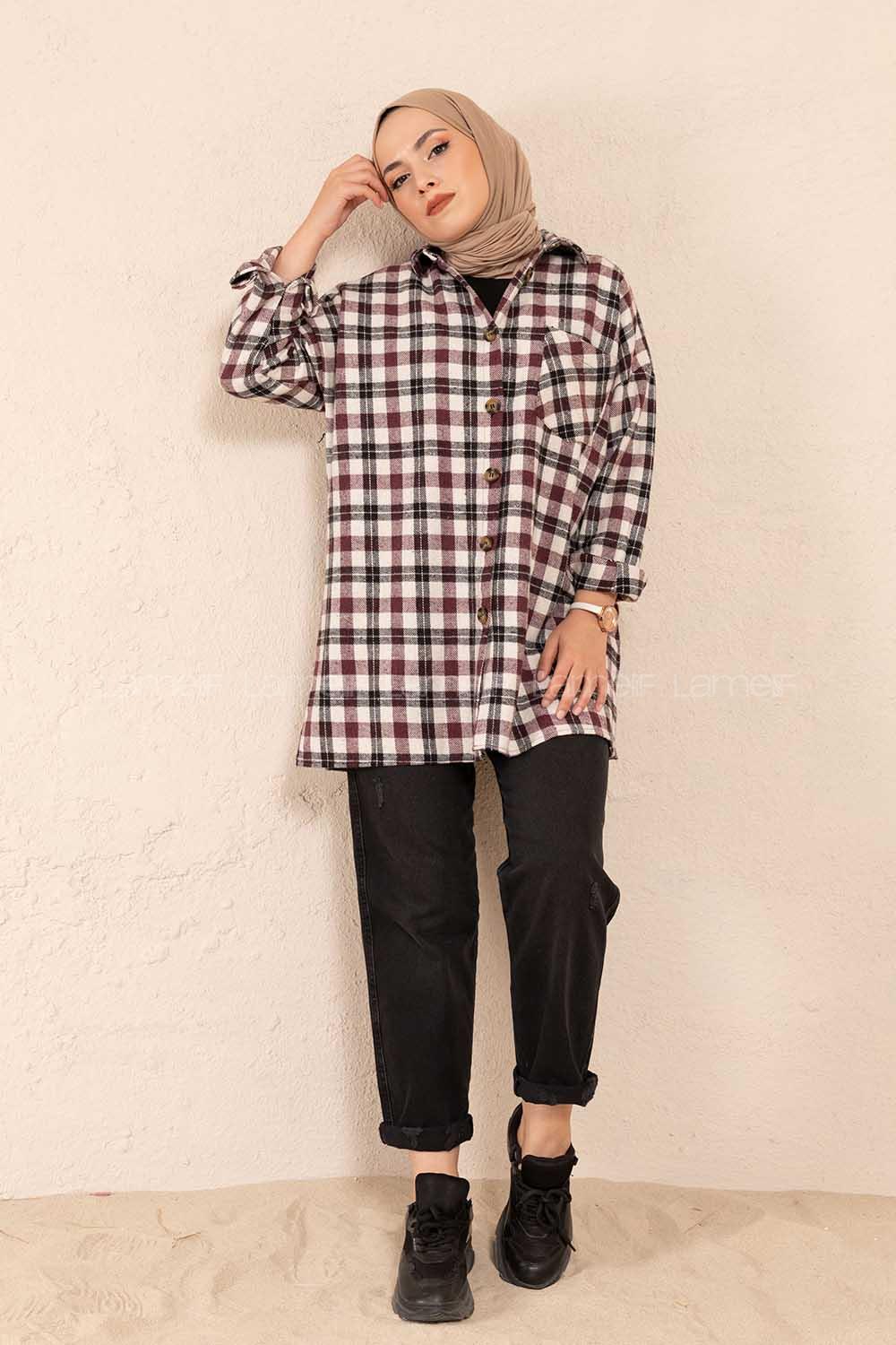 Modalamelif Tek Cepli Ekose Gömlek Ekru Mor