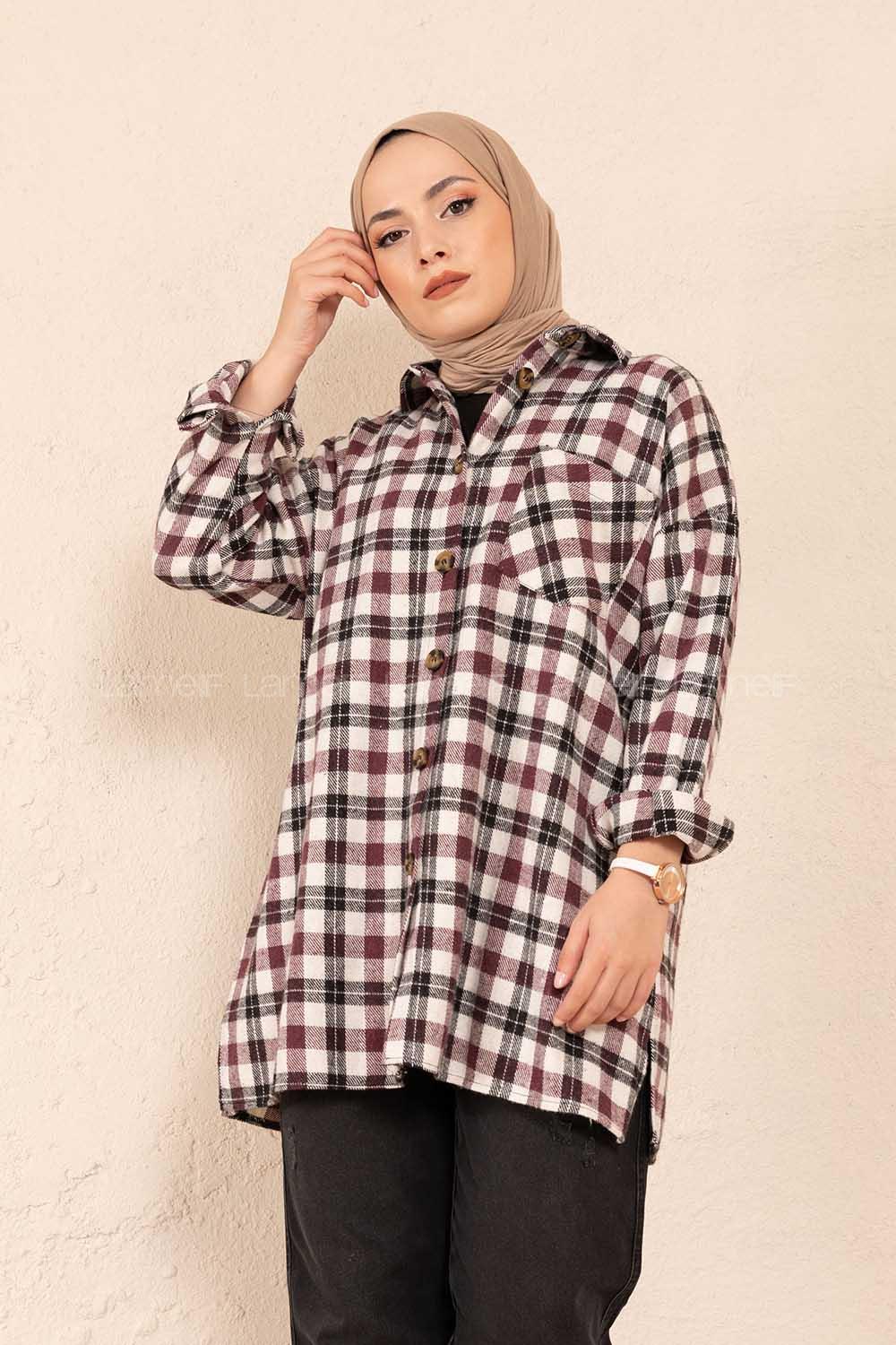 Modalamelif Tek Cepli Ekose Gömlek Ekru Mor