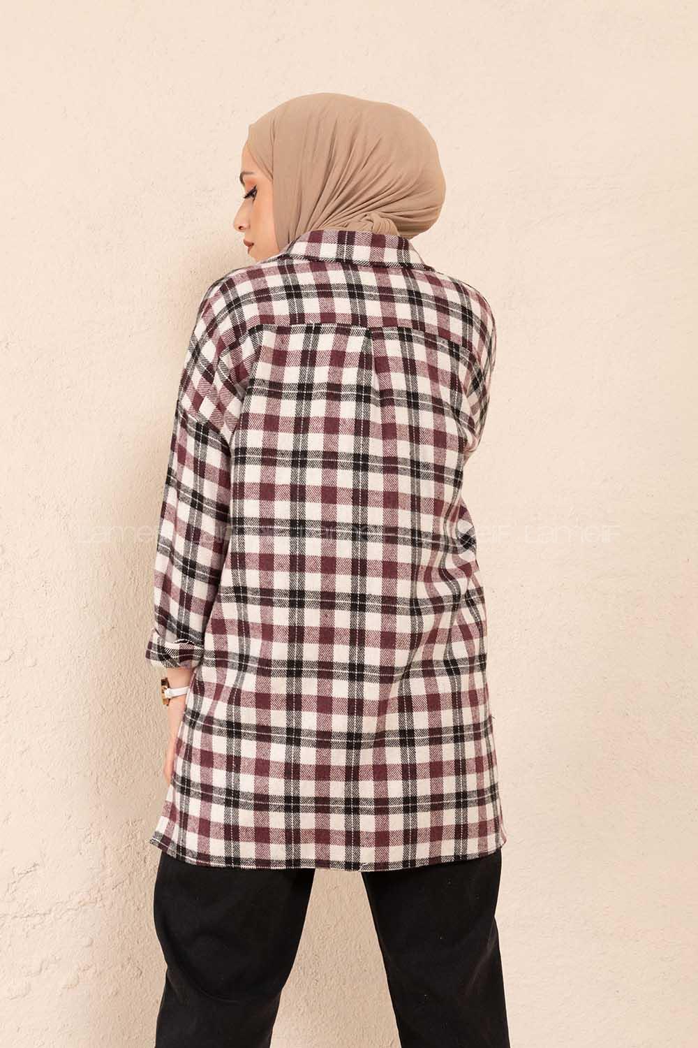 Modalamelif Tek Cepli Ekose Gömlek Ekru Mor