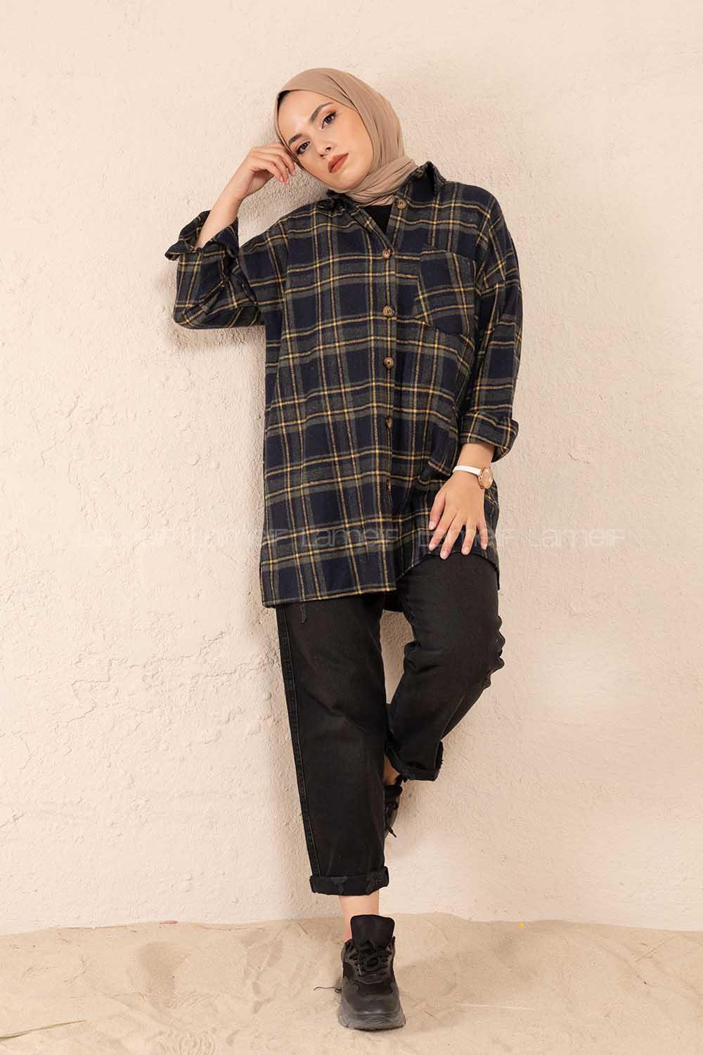 Modalamelif Tek Cepli Ekose Gömlek Lacivert Hardal