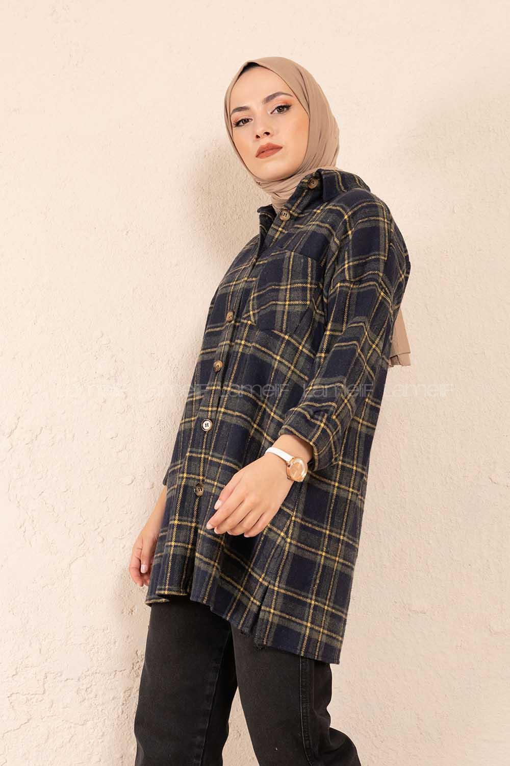 Modalamelif Tek Cepli Ekose Gömlek Lacivert Hardal