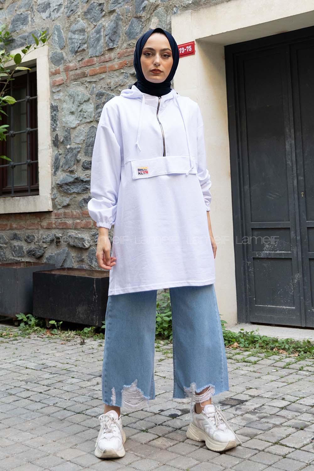 Modalamelif Arma Baskılı Kapşonlu Tunik Beyaz