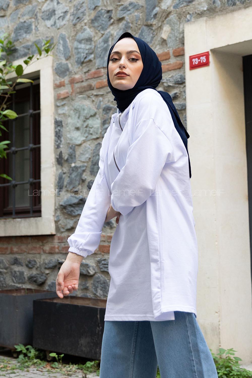 Modalamelif Arma Baskılı Kapşonlu Tunik Beyaz