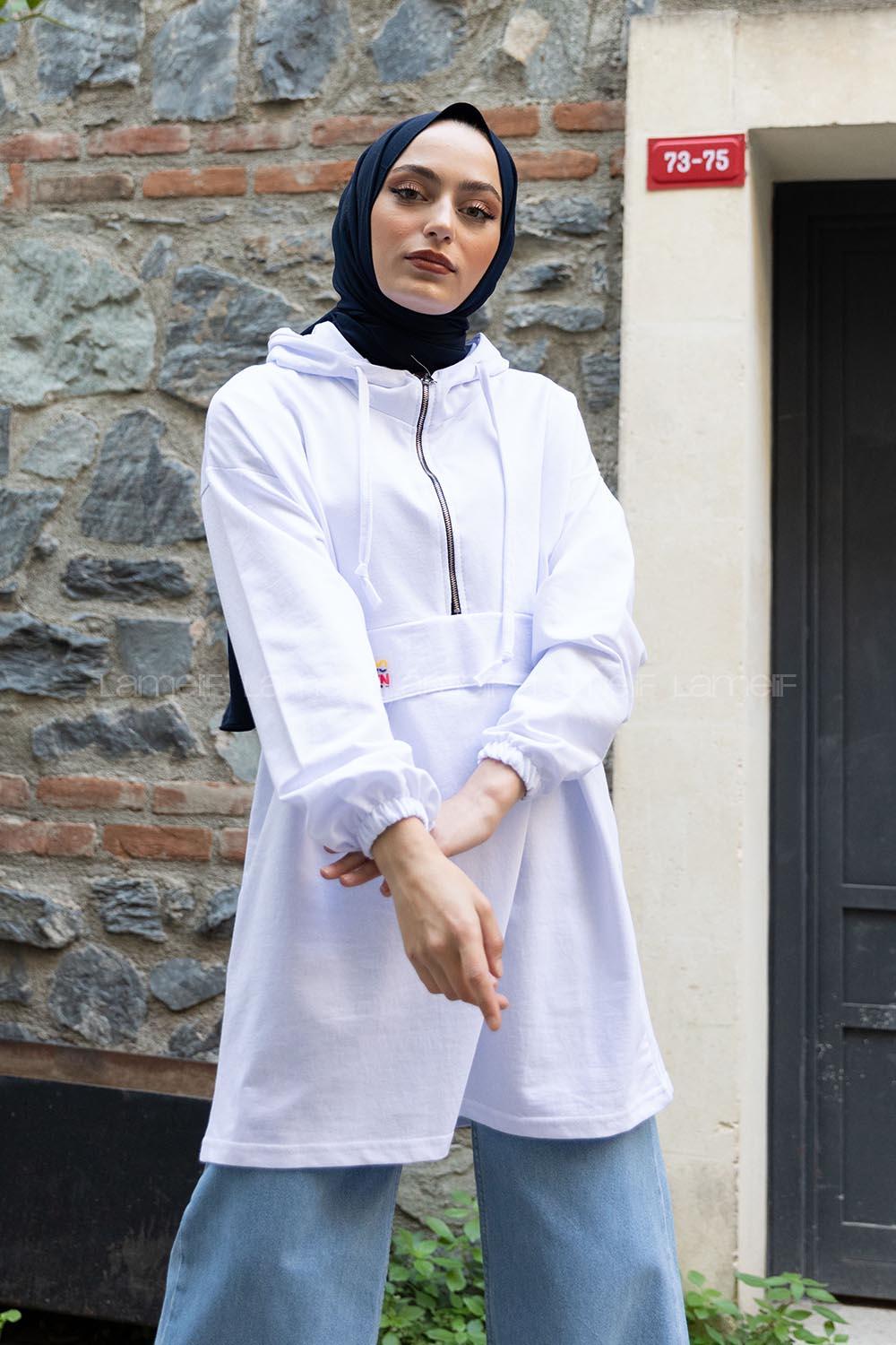 Modalamelif Arma Baskılı Kapşonlu Tunik Beyaz