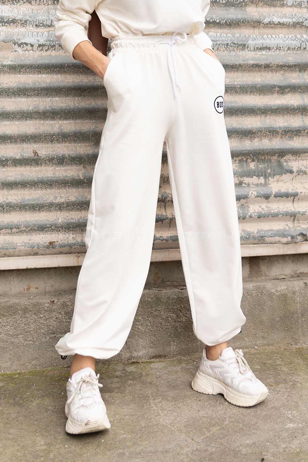 Modalamelif Bel Lastikli Bus Yazı Nakışlı Eşofman Pantolon Beyaz