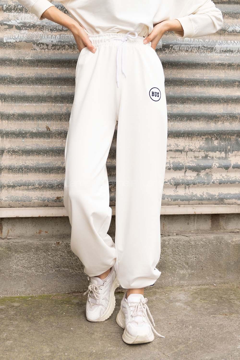 Modalamelif Bel Lastikli Bus Yazı Nakışlı Eşofman Pantolon Beyaz