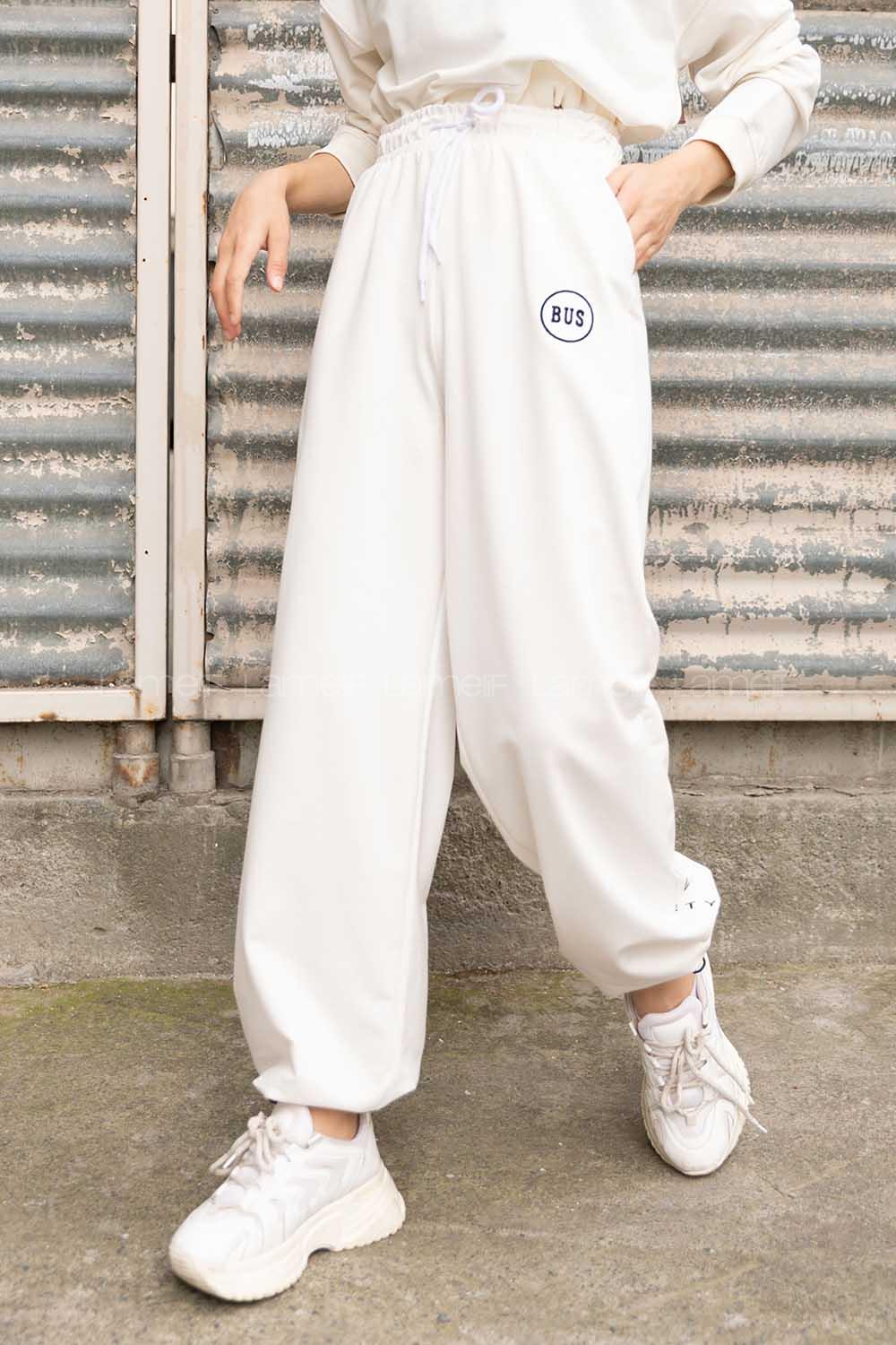 Modalamelif Bel Lastikli Bus Yazı Nakışlı Eşofman Pantolon Beyaz