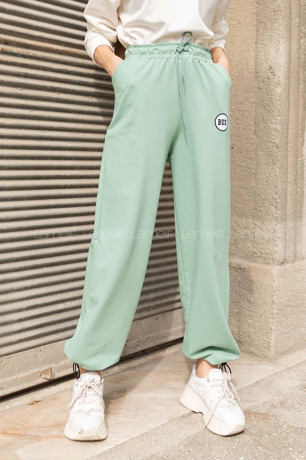 Modalamelif Bel Lastikli Bus Yazı Nakışlı Eşofman Pantolon Çağla