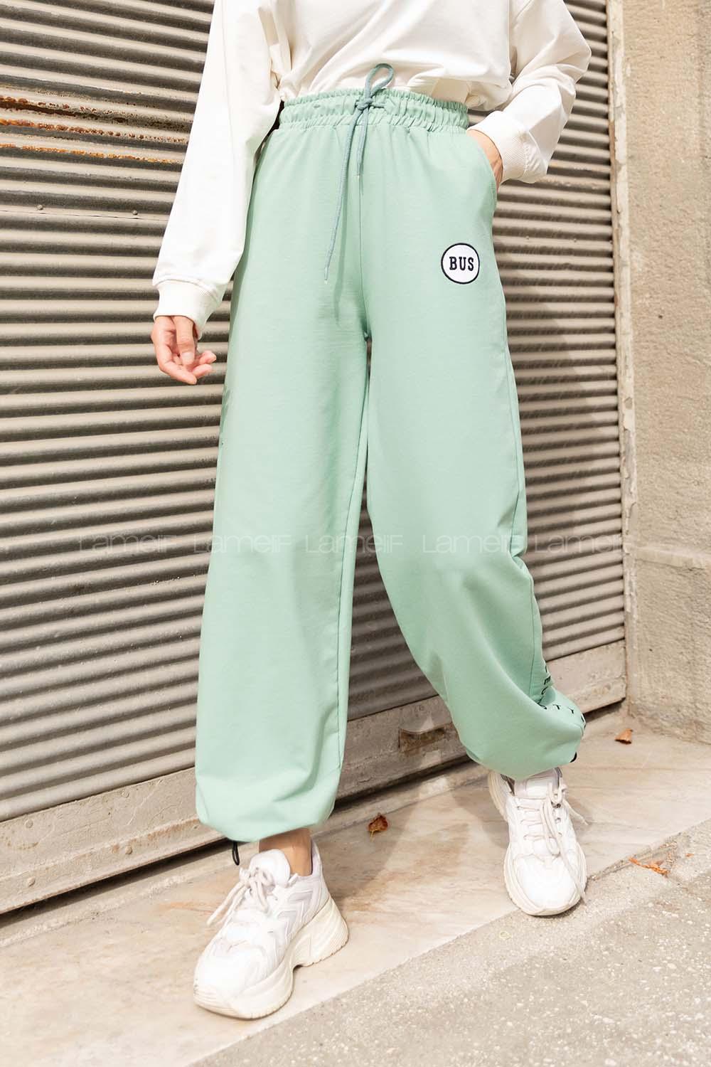Modalamelif Bel Lastikli Bus Yazı Nakışlı Eşofman Pantolon Çağla