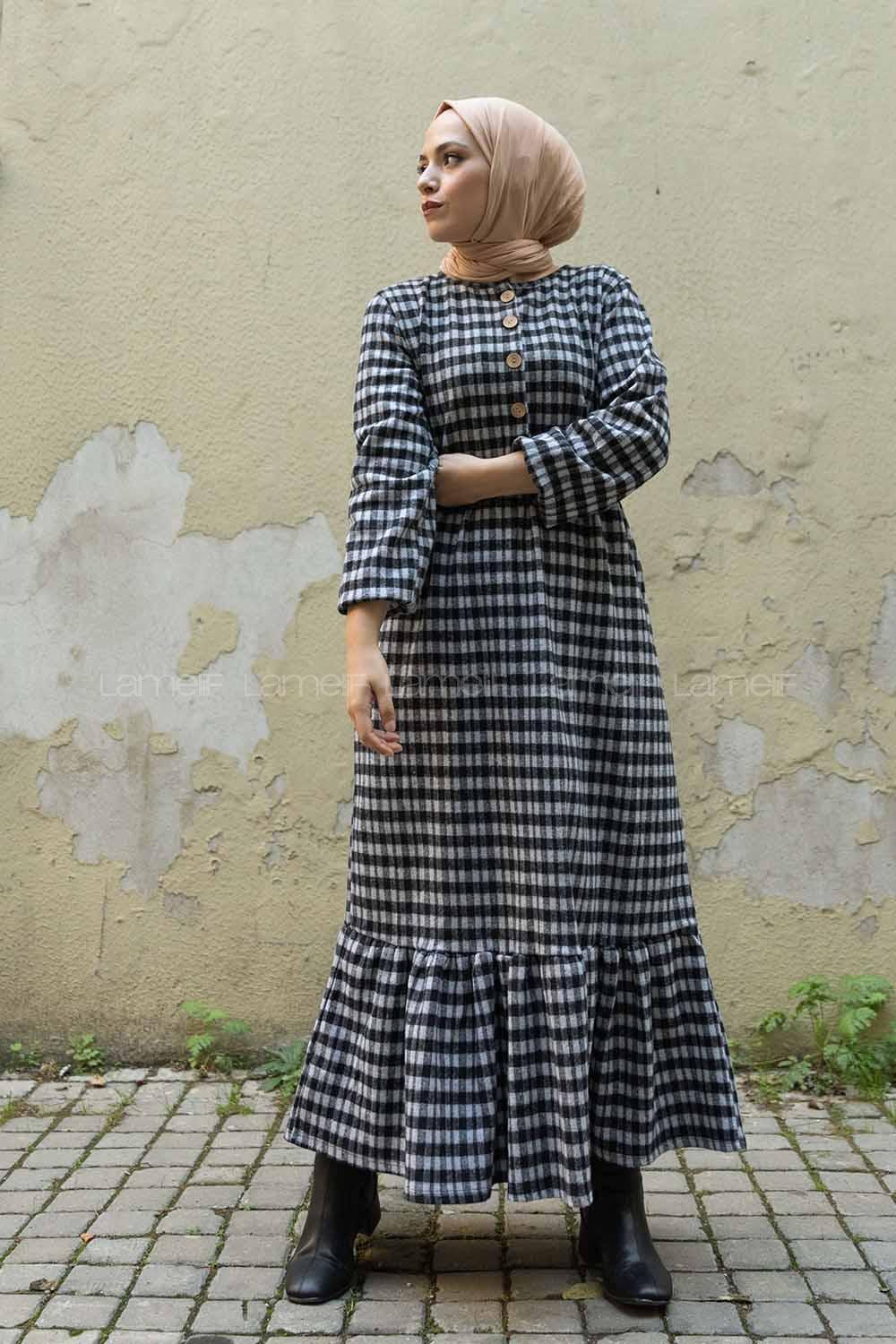 Modalamelif Bel Lastikli Ekose Elbise Gri Siyah