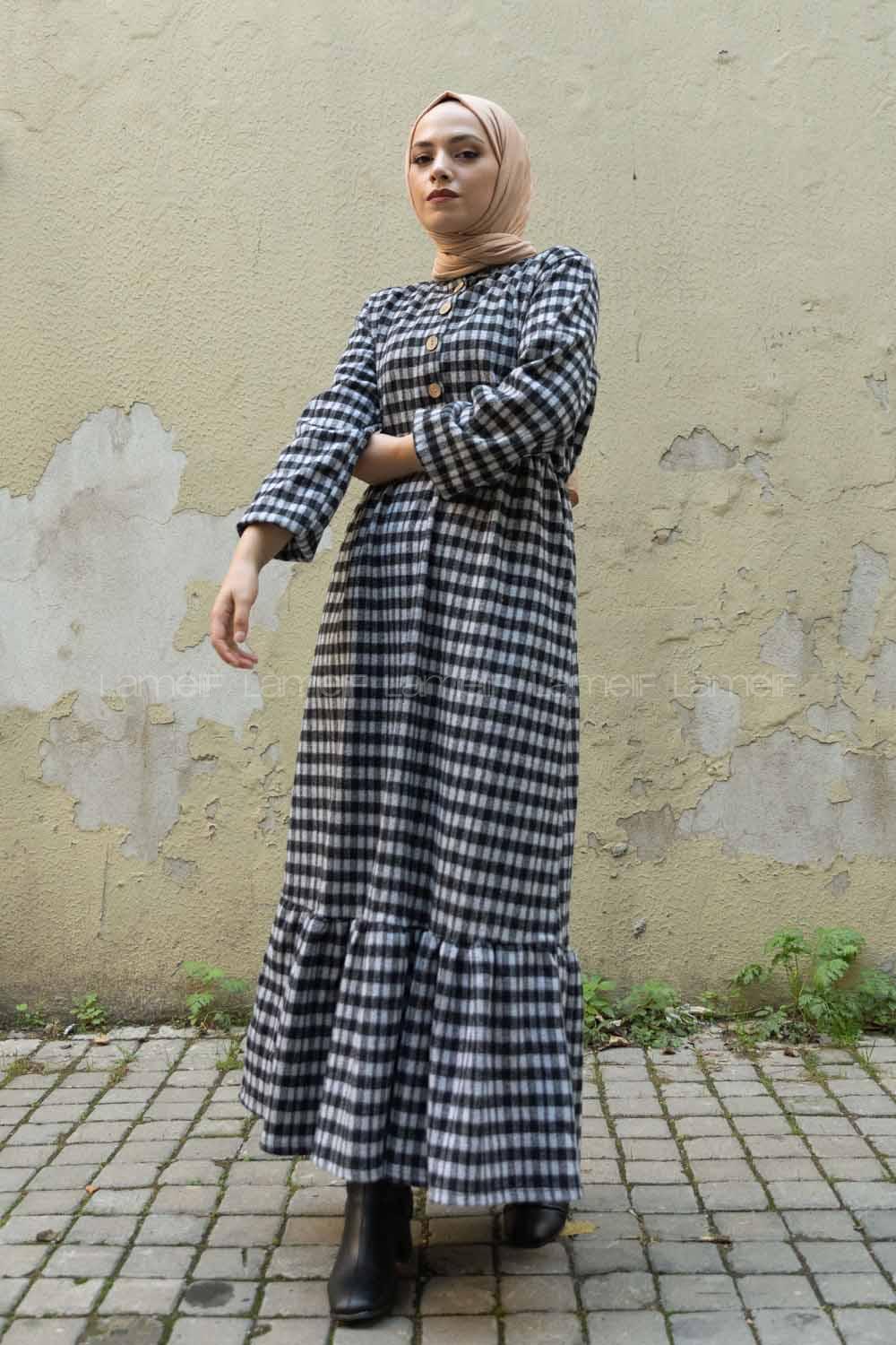 Modalamelif Bel Lastikli Ekose Elbise Gri Siyah