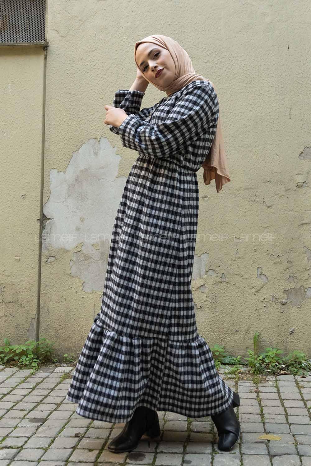 Modalamelif Bel Lastikli Ekose Elbise Gri Siyah