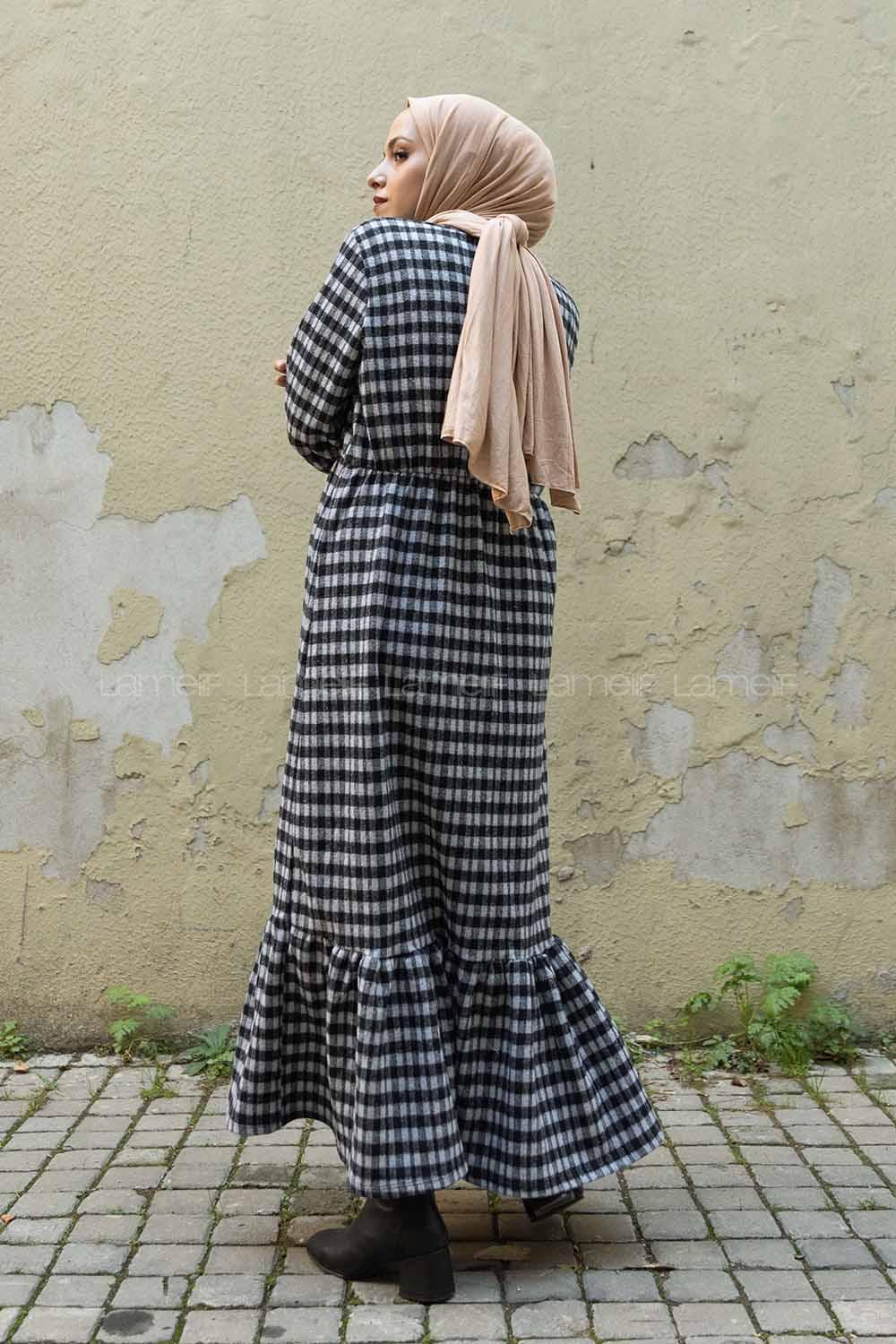 Modalamelif Bel Lastikli Ekose Elbise Gri Siyah