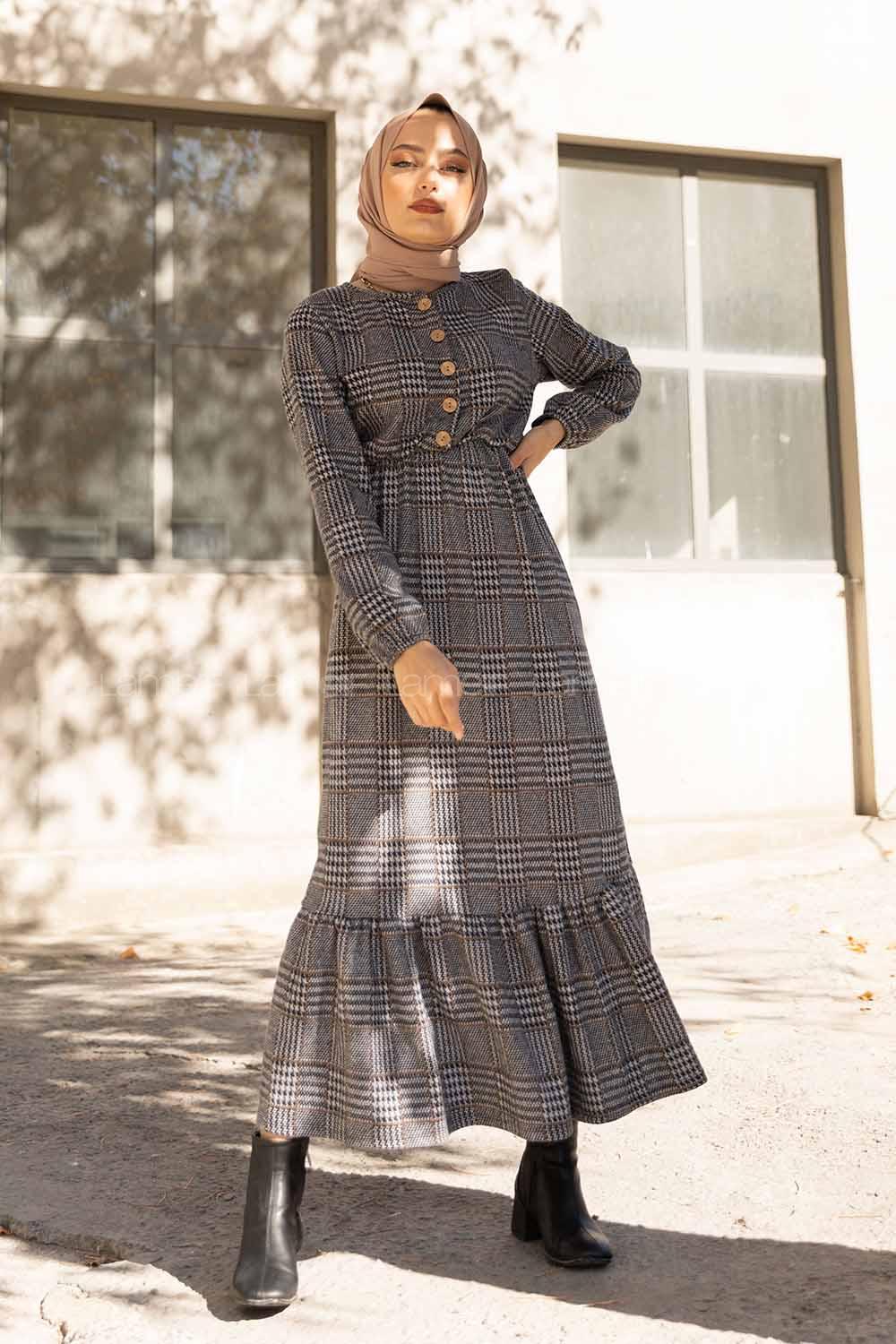 Modalamelif Bel Lastikli Ekose Elbise Gri Vizonrengi