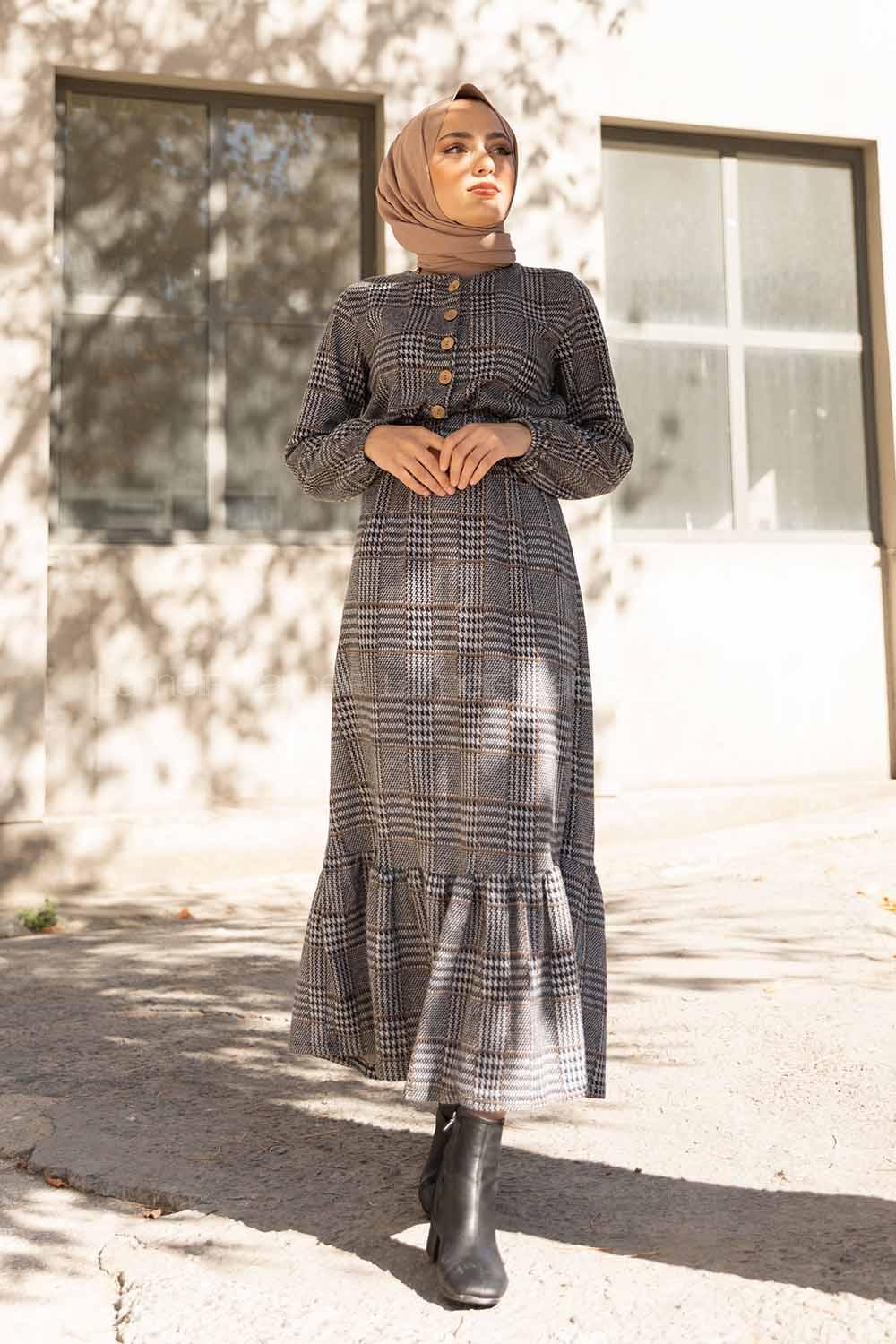 Modalamelif Bel Lastikli Ekose Elbise Gri Vizonrengi