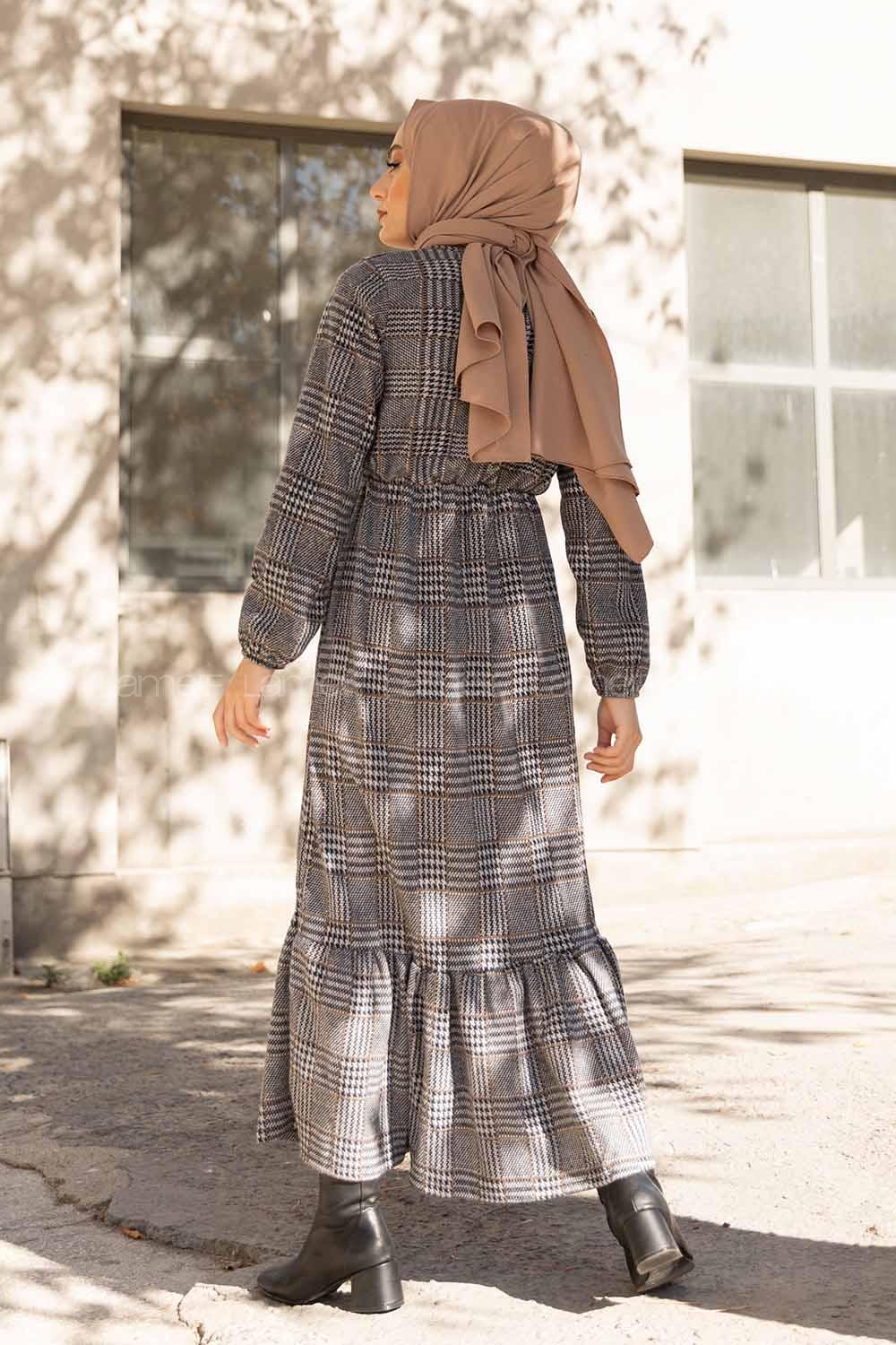 Modalamelif Bel Lastikli Ekose Elbise Gri Vizonrengi
