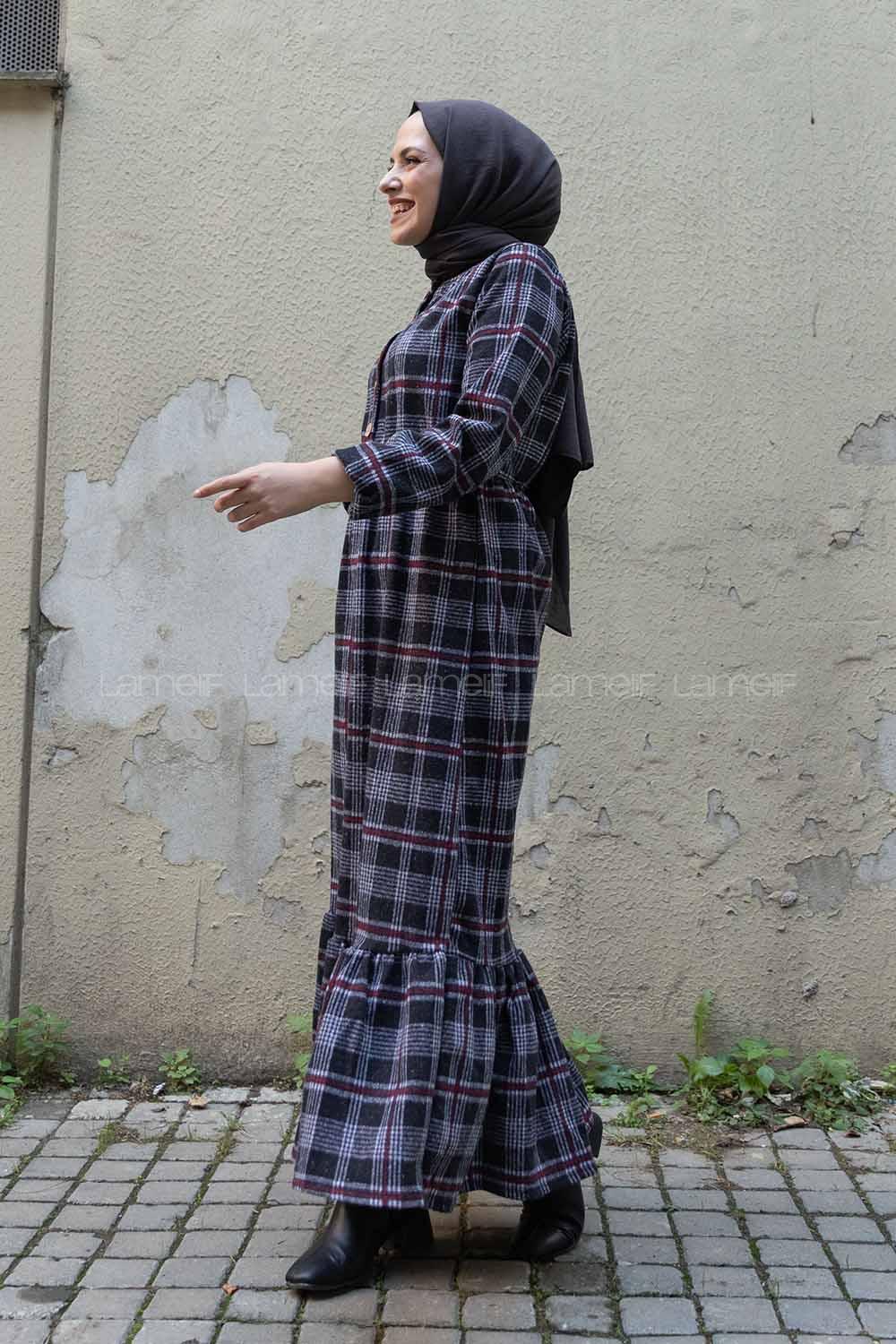 Modalamelif Bel Lastikli Ekose Elbise Siyah Bordo