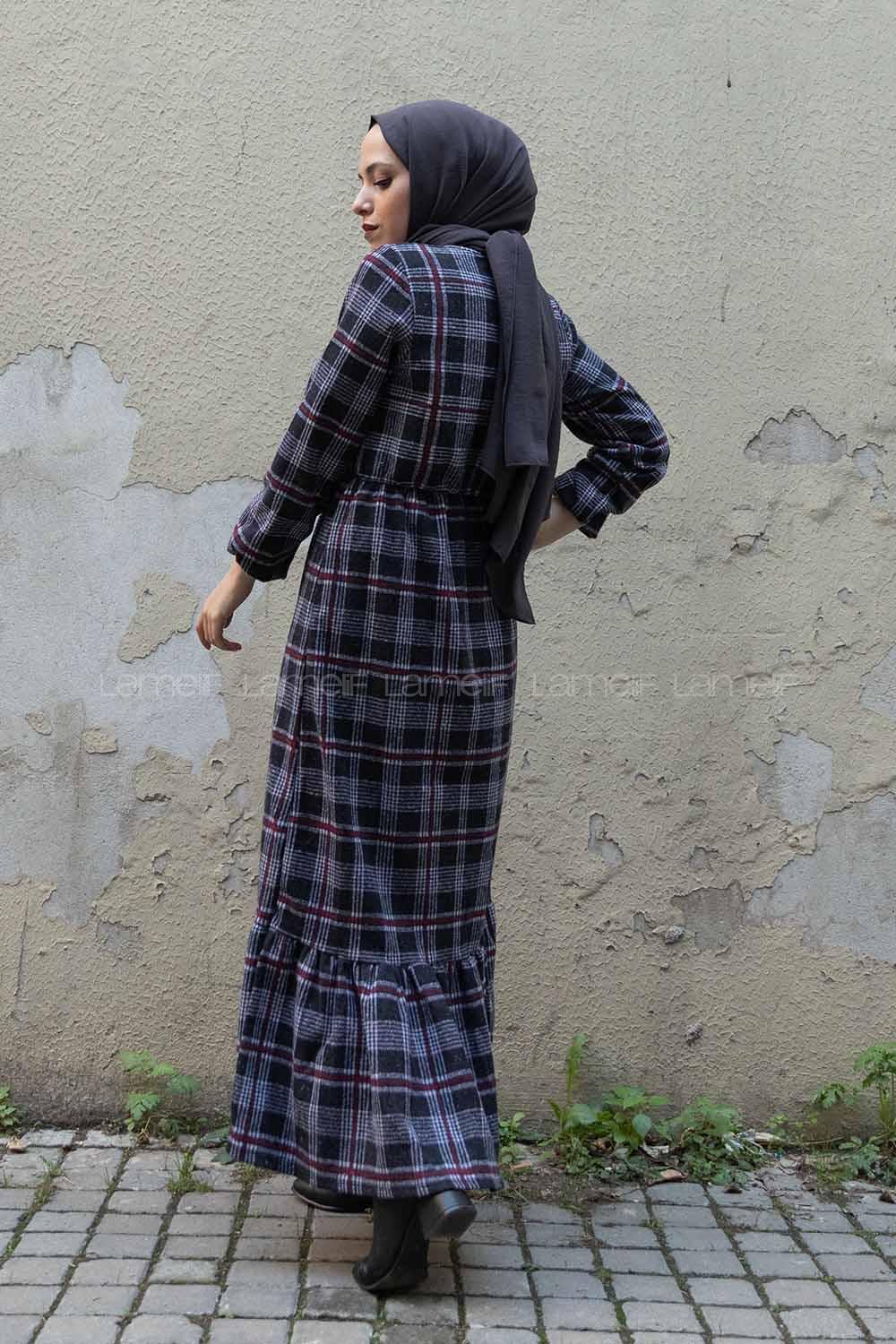 Modalamelif Bel Lastikli Ekose Elbise Siyah Bordo