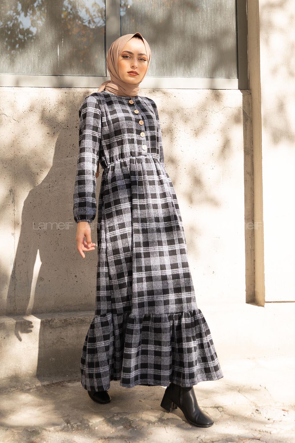 Modalamelif Bel Lastikli Ekose Elbise Siyah Gri