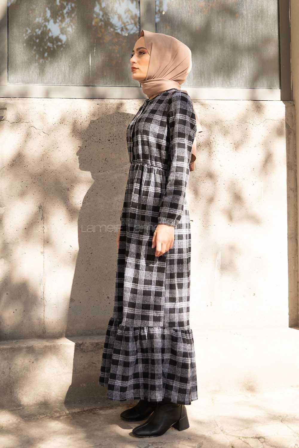 Modalamelif Bel Lastikli Ekose Elbise Siyah Gri