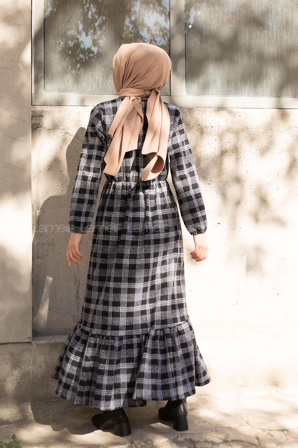 Modalamelif Bel Lastikli Ekose Elbise Siyah Gri