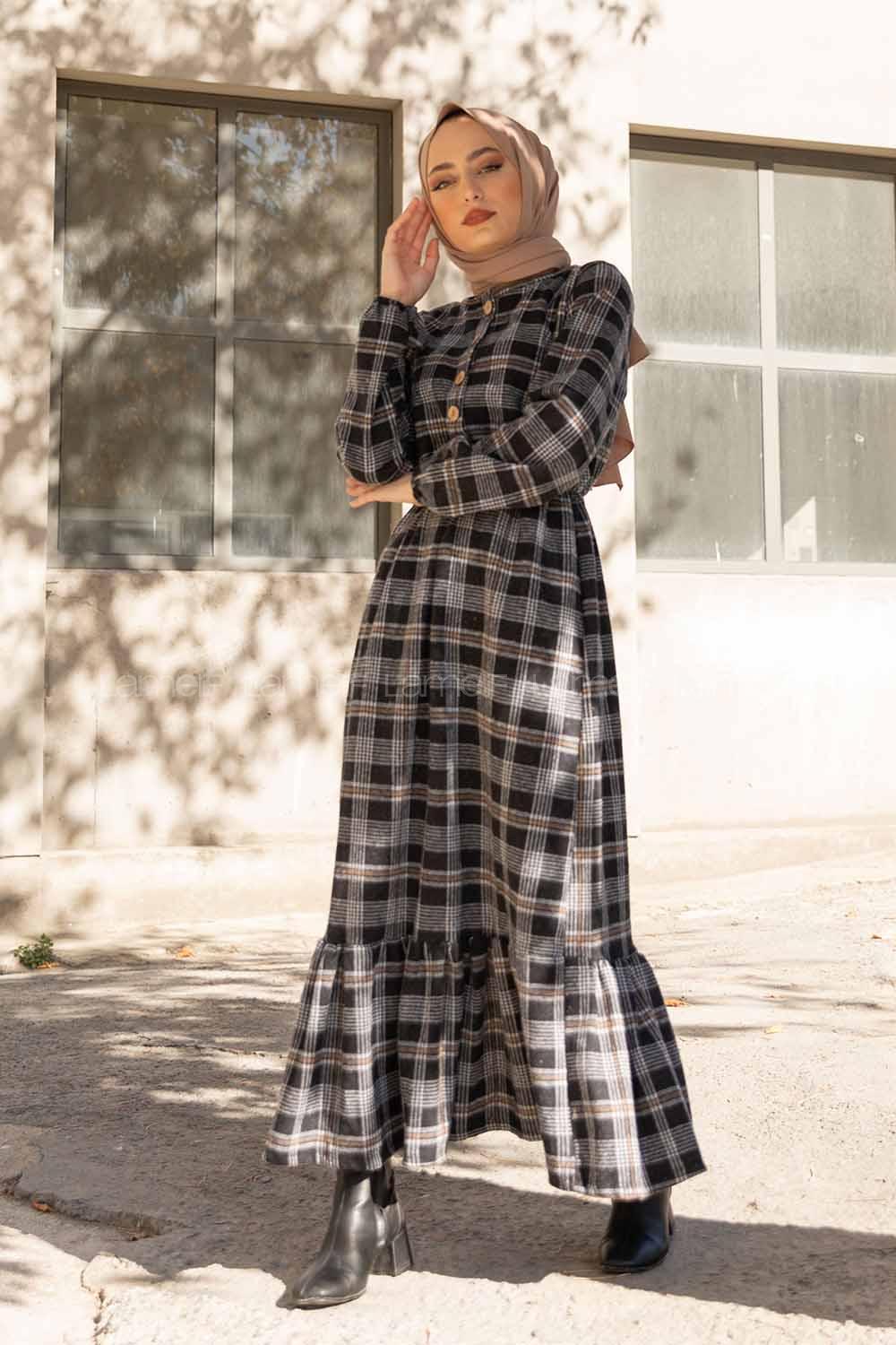 Modalamelif Bel Lastikli Ekose Elbise Siyah Vizonrengi