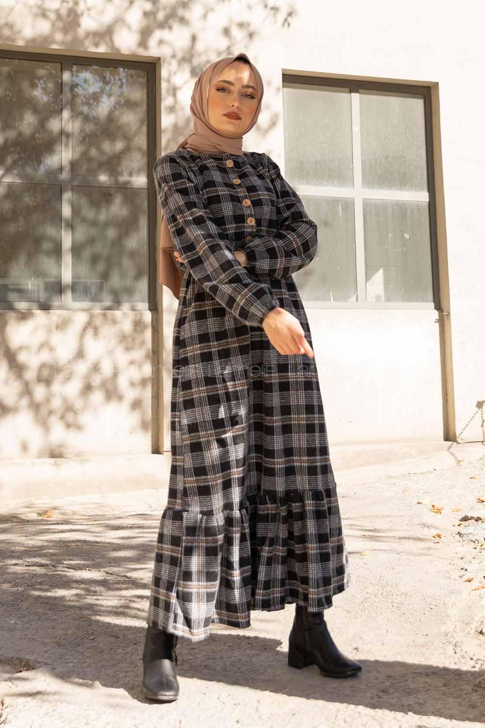 Modalamelif Bel Lastikli Ekose Elbise Siyah Vizonrengi