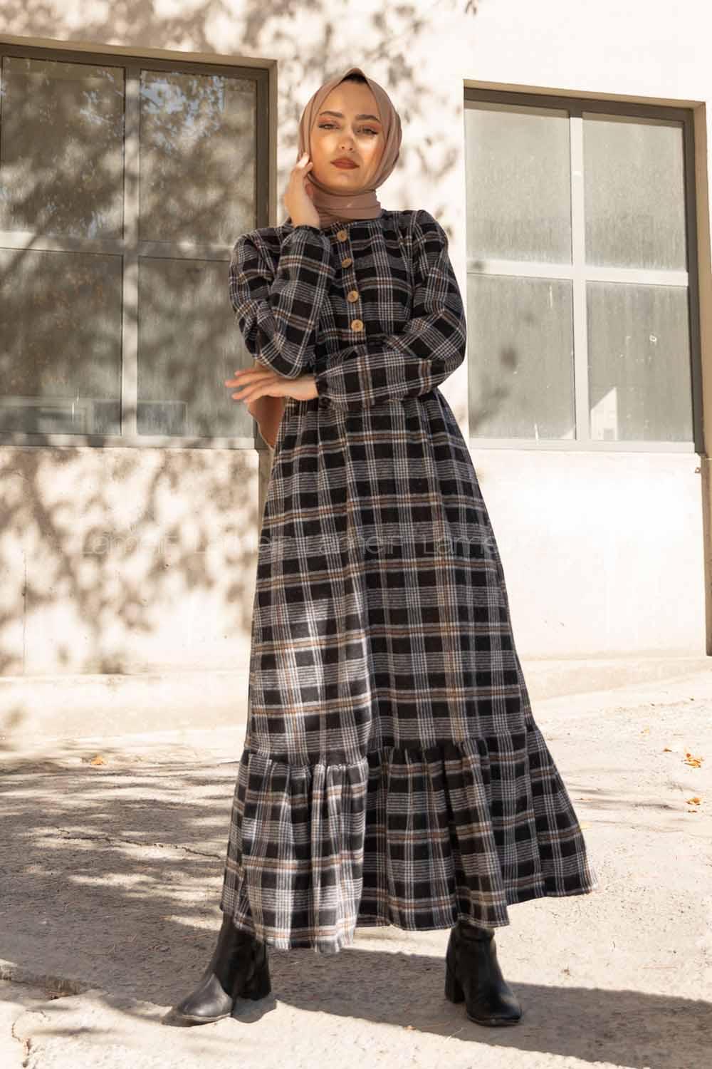 Modalamelif Bel Lastikli Ekose Elbise Siyah Vizonrengi