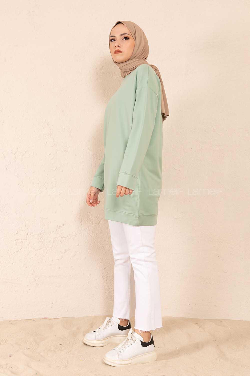 Modalamelif Bisiklet Yaka Düz Renk Sweatshirt Çağla