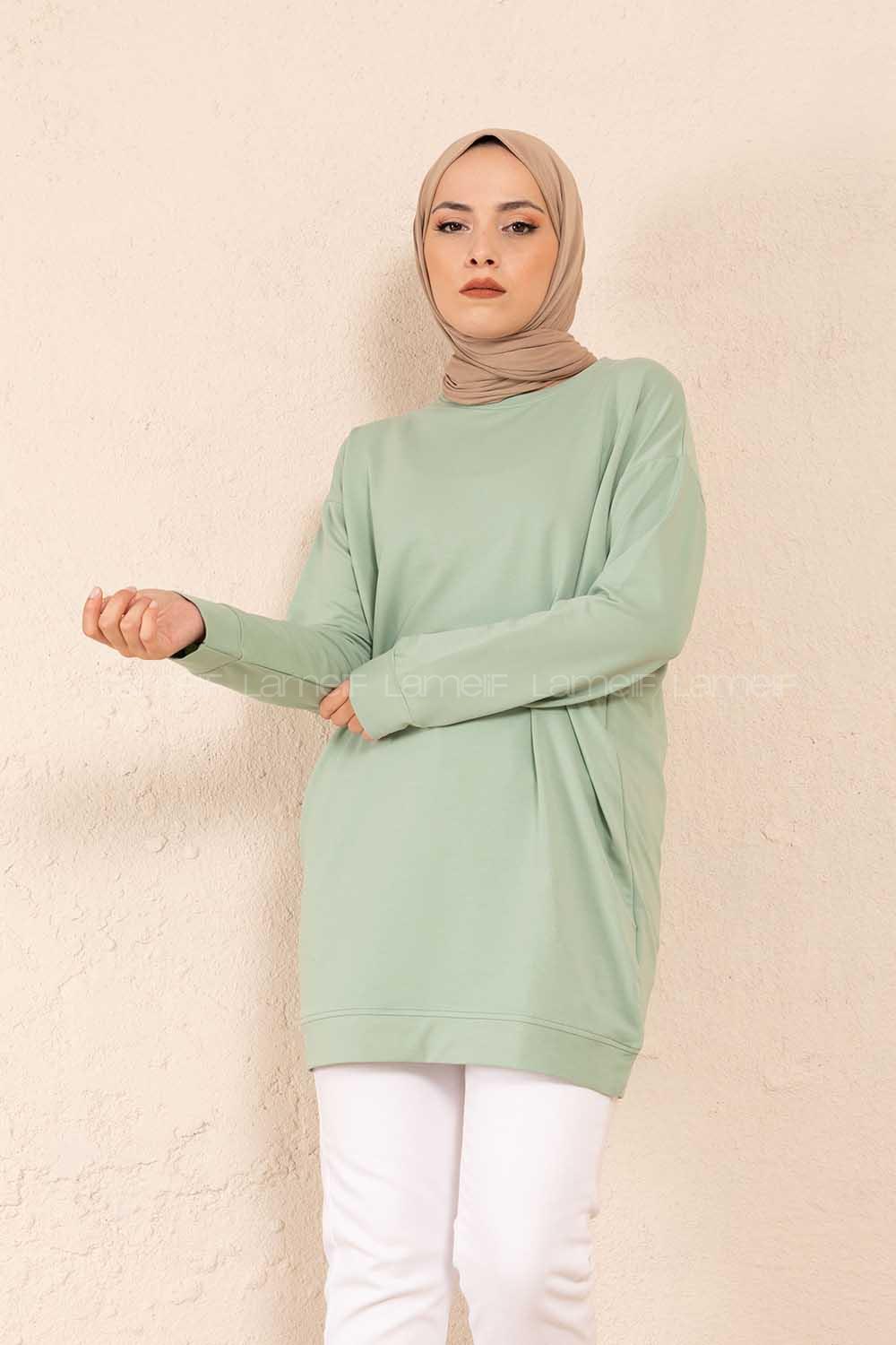 Modalamelif Bisiklet Yaka Düz Renk Sweatshirt Çağla