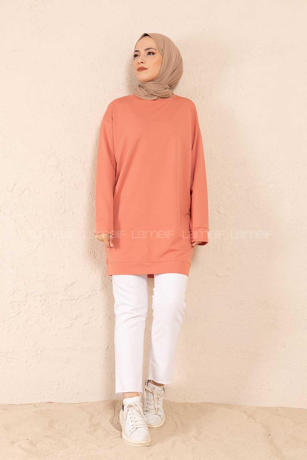 Modalamelif Bisiklet Yaka Düz Renk Sweatshirt Gül