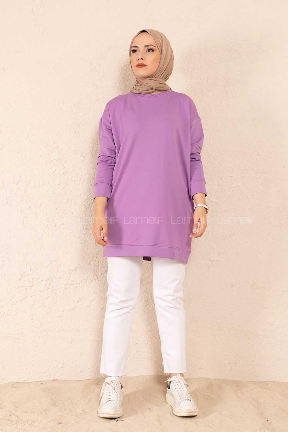 Modalamelif Bisiklet Yaka Düz Renk Sweatshirt Lila