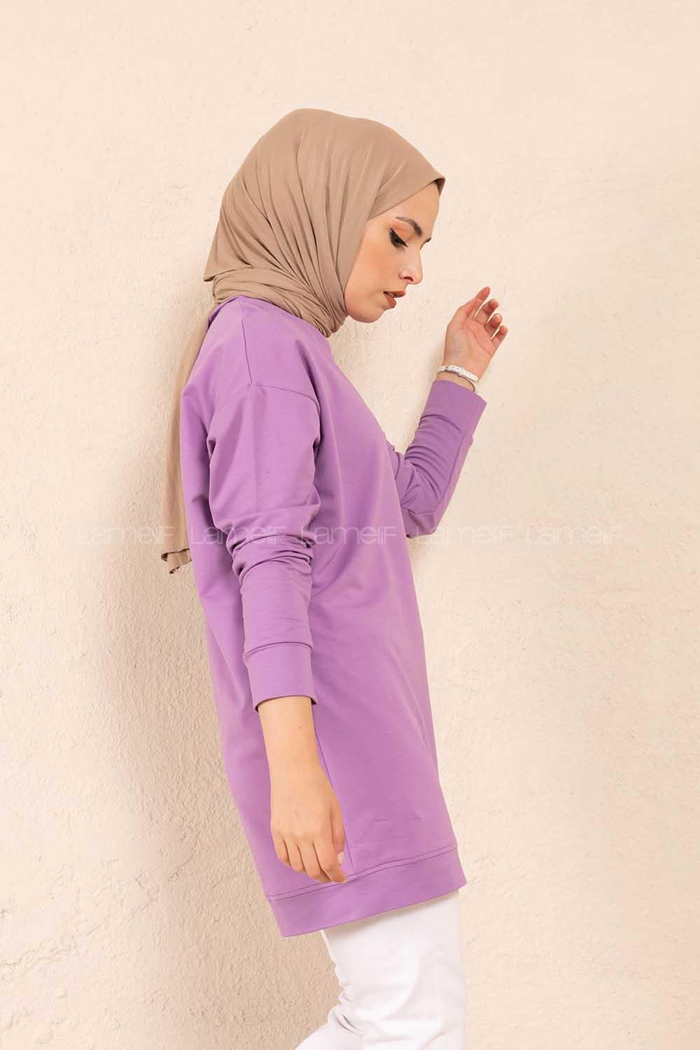 Modalamelif Bisiklet Yaka Düz Renk Sweatshirt Lila