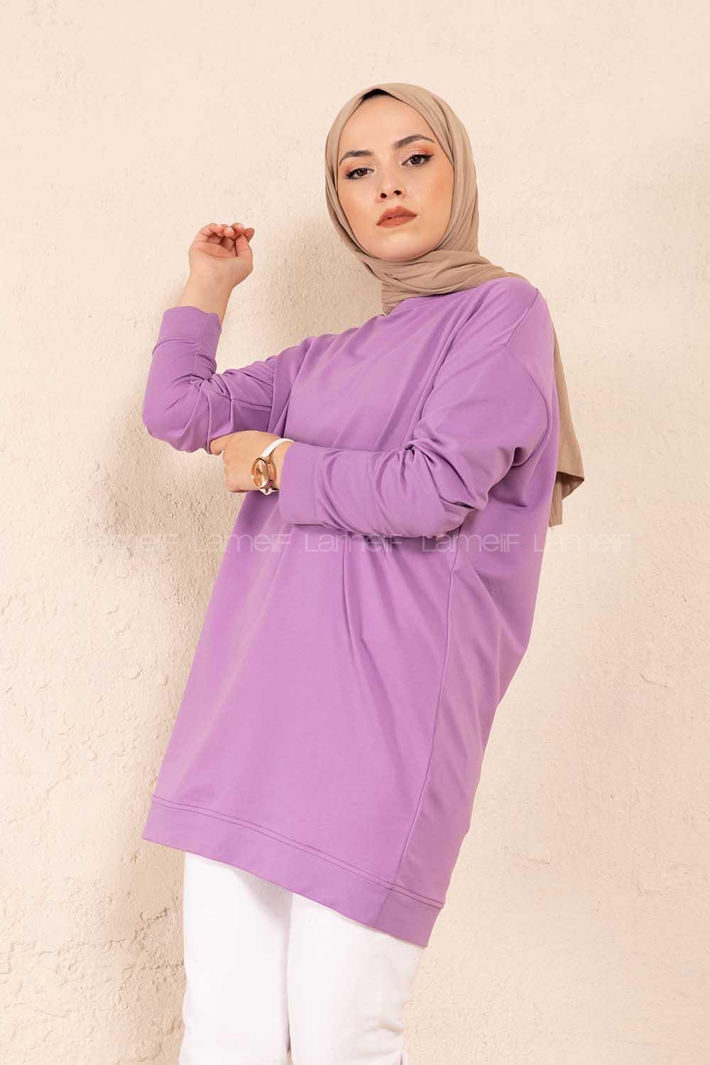 Modalamelif Bisiklet Yaka Düz Renk Sweatshirt Lila