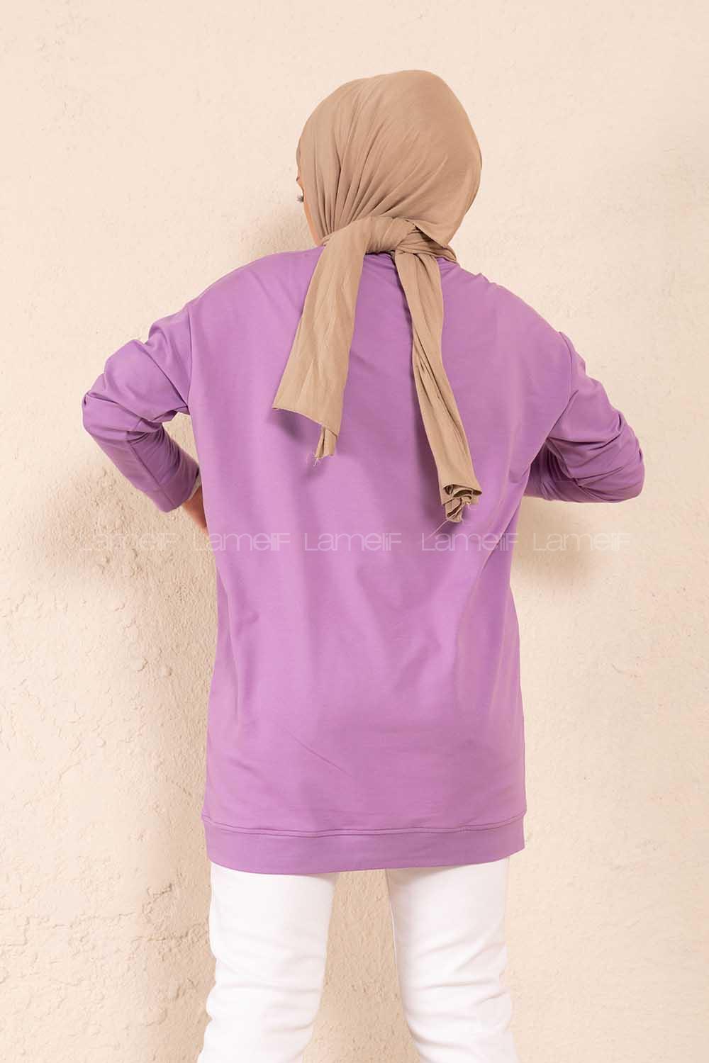 Modalamelif Bisiklet Yaka Düz Renk Sweatshirt Lila