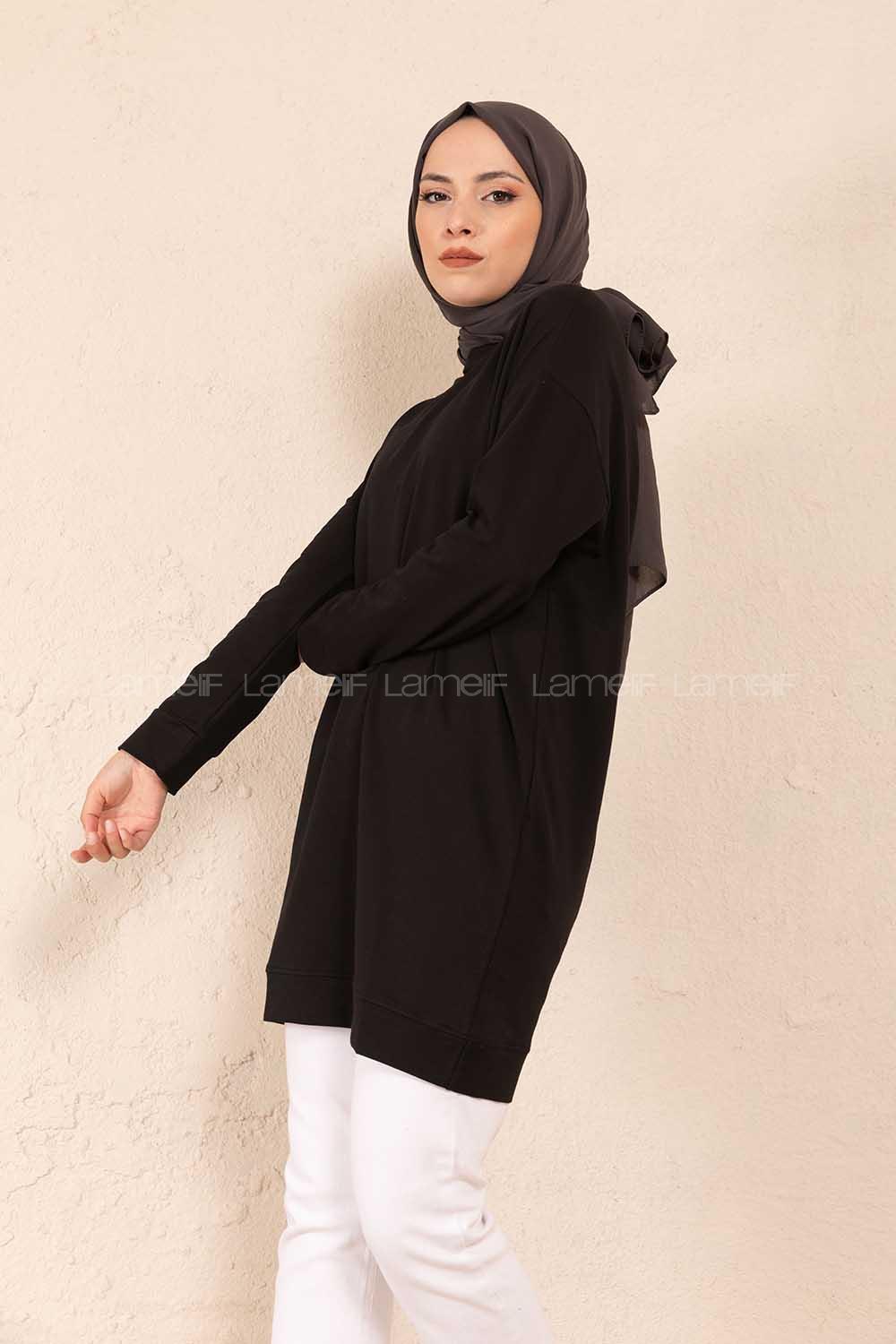 Modalamelif Bisiklet Yaka Düz Renk Sweatshirt Siyah