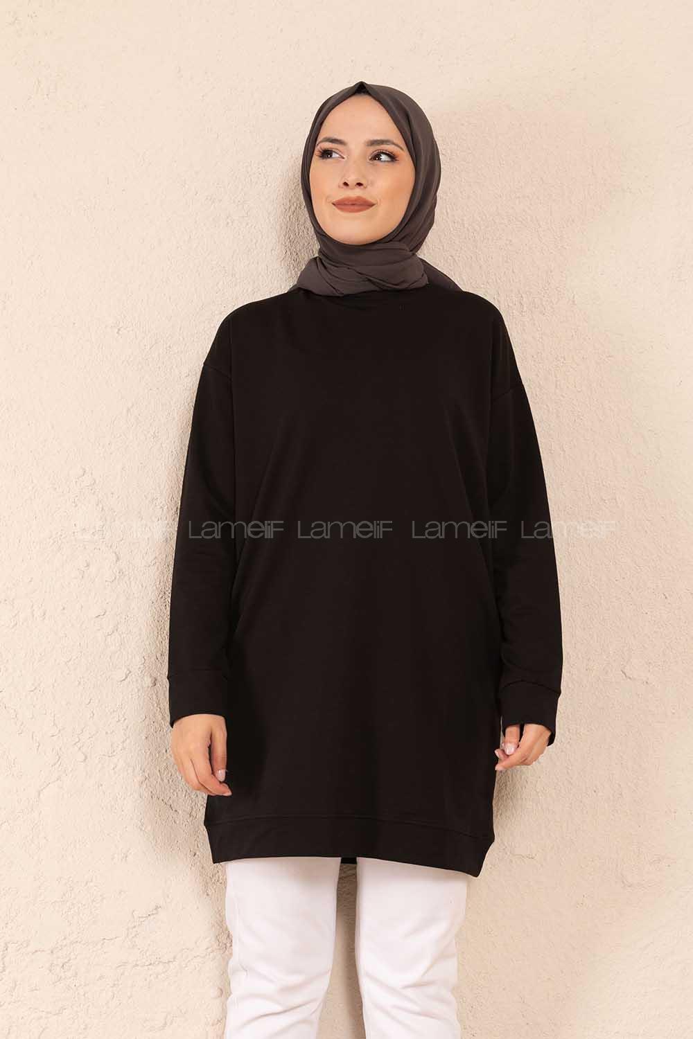 Modalamelif Bisiklet Yaka Düz Renk Sweatshirt Siyah