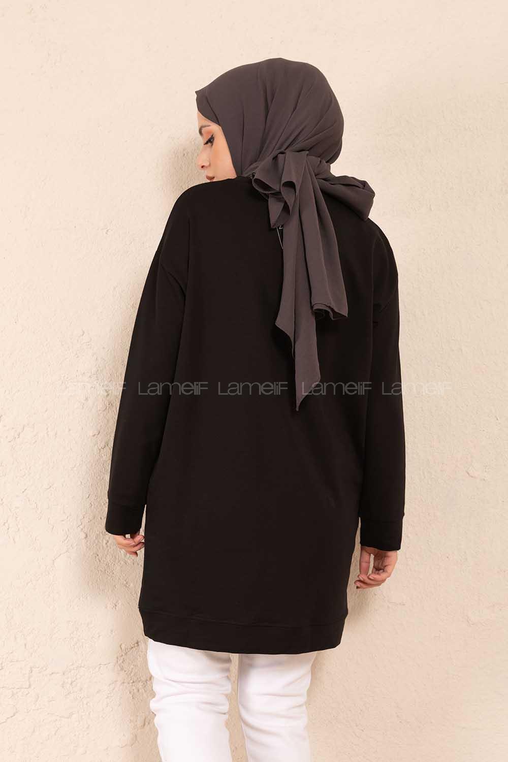 Modalamelif Bisiklet Yaka Düz Renk Sweatshirt Siyah