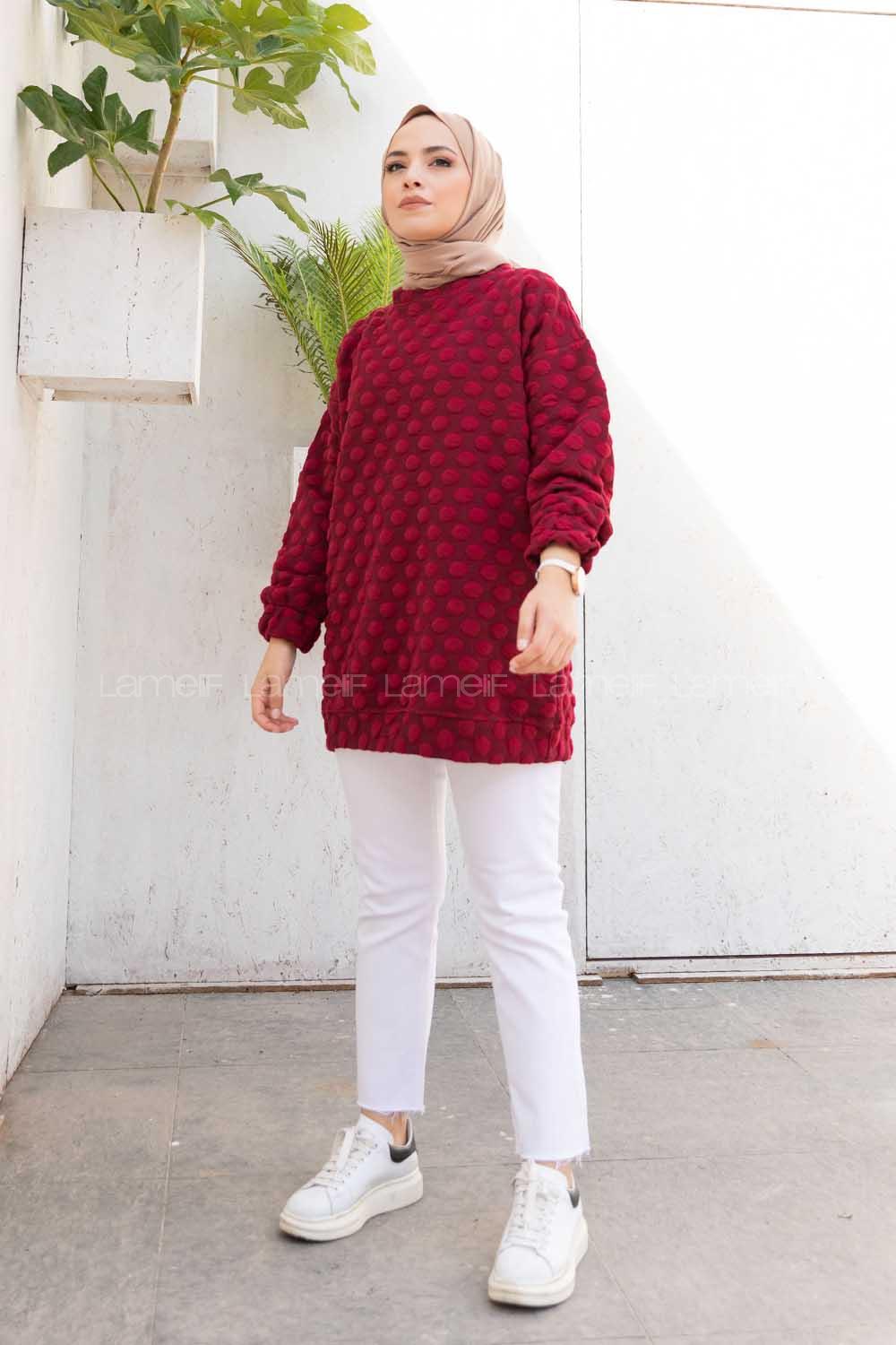 Modalamelif Bisiklet Yaka Jakarlı Tunik Bordo