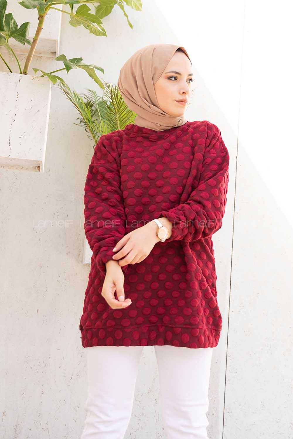 Modalamelif Bisiklet Yaka Jakarlı Tunik Bordo