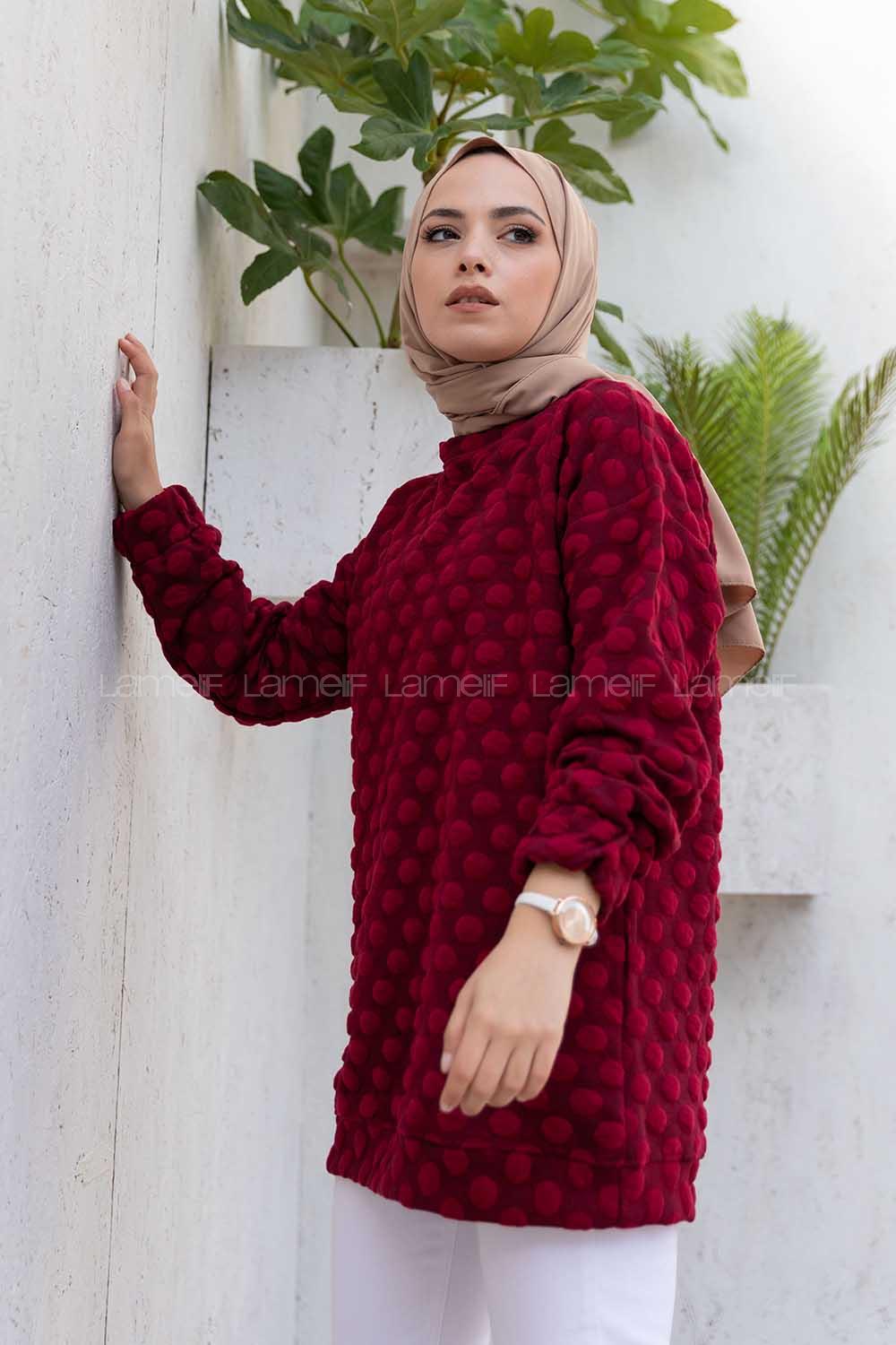 Modalamelif Bisiklet Yaka Jakarlı Tunik Bordo