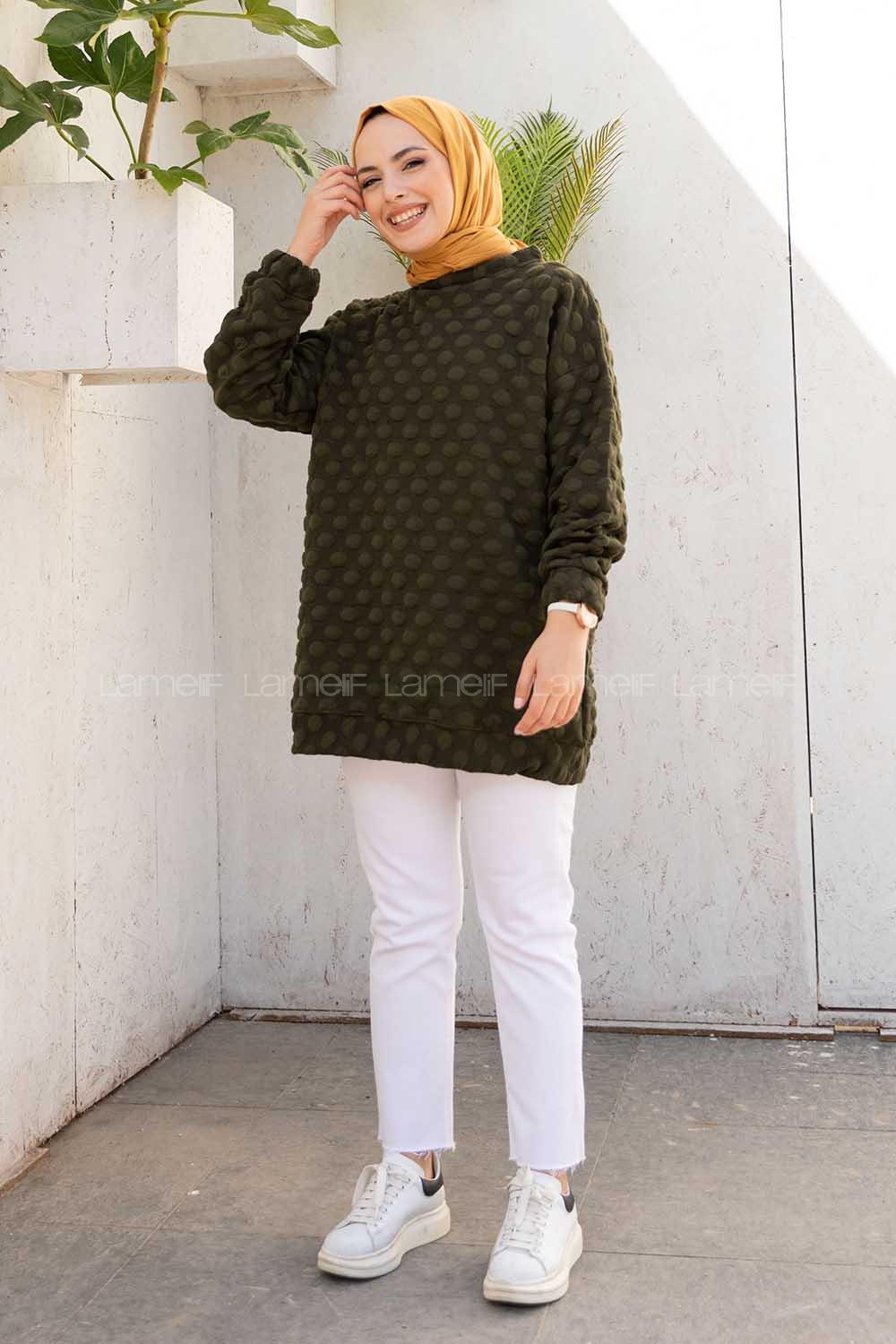 Modalamelif Bisiklet Yaka Jakarlı Tunik Haki