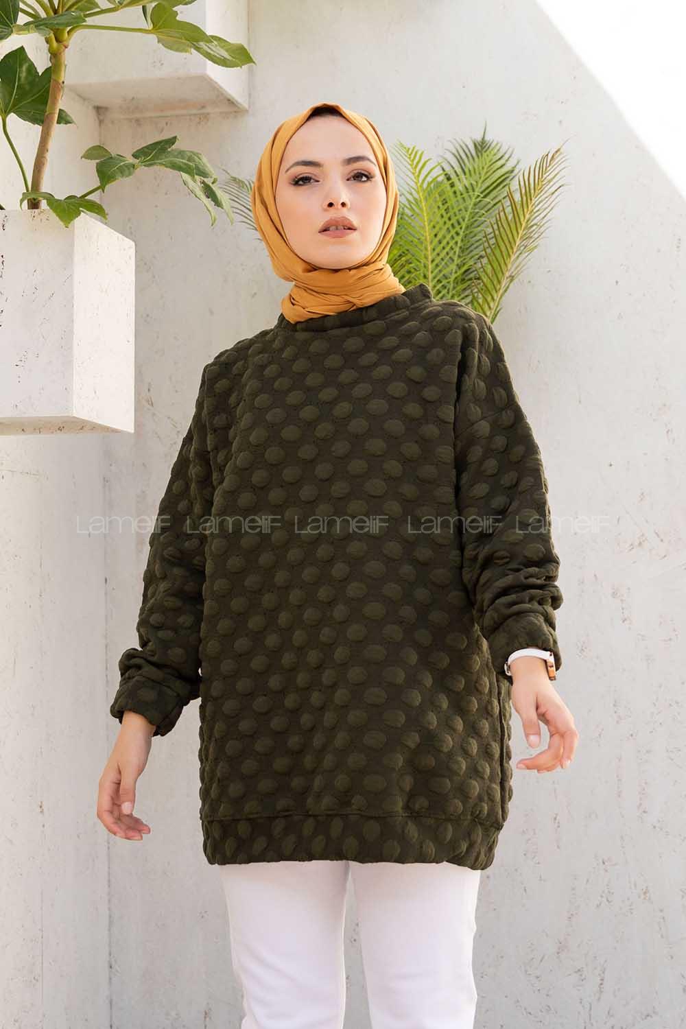 Modalamelif Bisiklet Yaka Jakarlı Tunik Haki